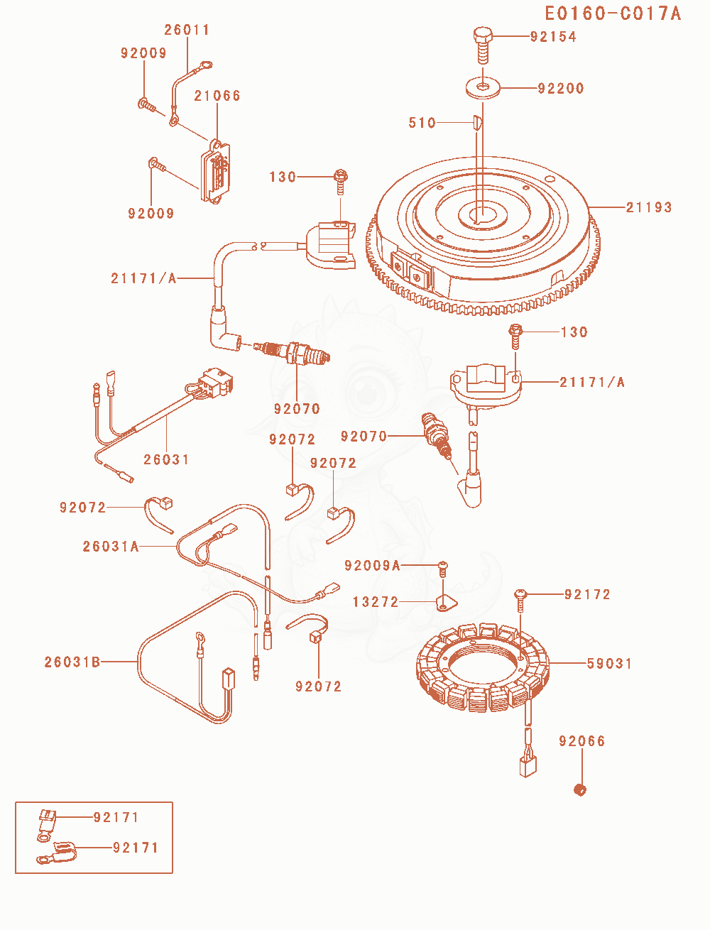 Despiece del Electric-Equipment de un motor Kawasaki FS651V-AS17, con globos numerados
