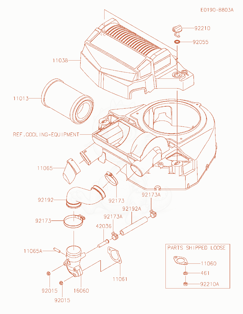 Despiece del Air-Filter / Muffler de un motor Kawasaki FT730V-AS06, con globos numerados
