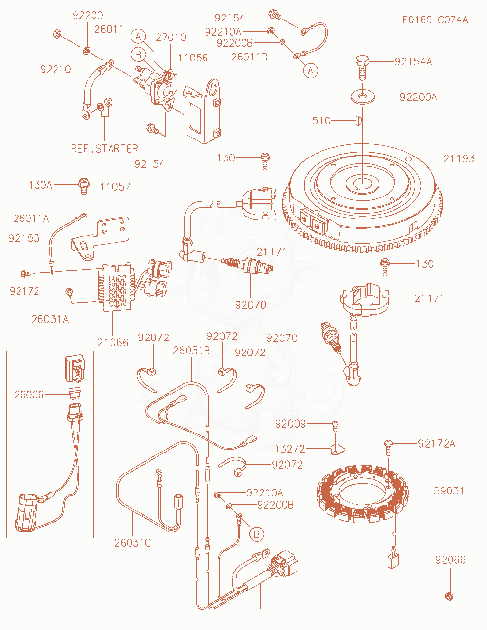 Despiece del Electric-Equipment de un motor Kawasaki FX730V-AR10, con globos numerados