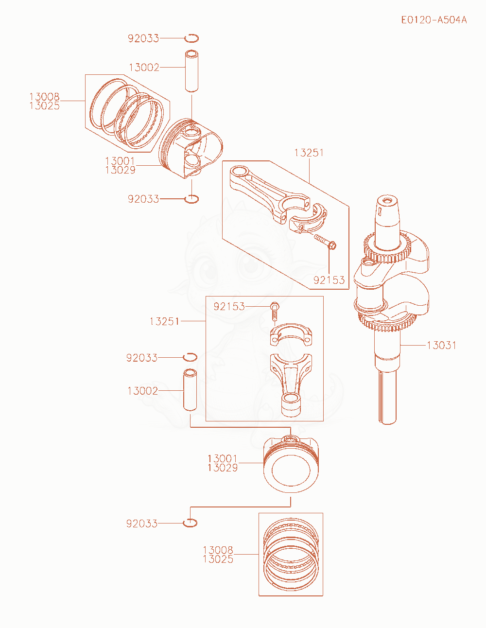 Exploded parts diagram of the Piston / Crankshaft of a Kawasaki FXT00V-AS28 engine, with numbered balloons