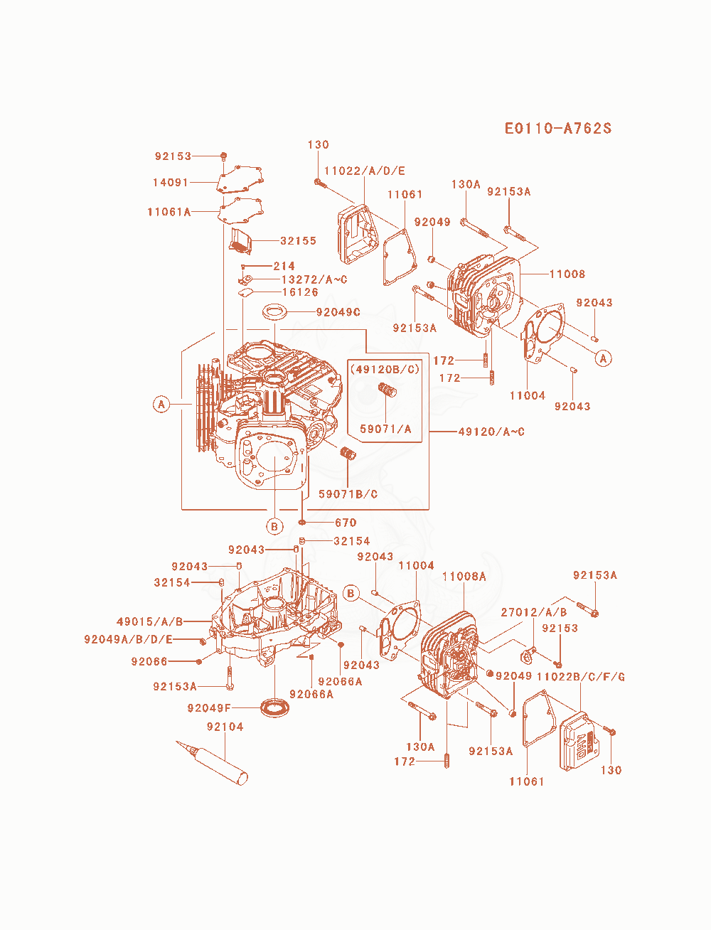 Despiece del Cylinder / Crankcase de un motor Kawasaki FS481V-AS05, con globos numerados