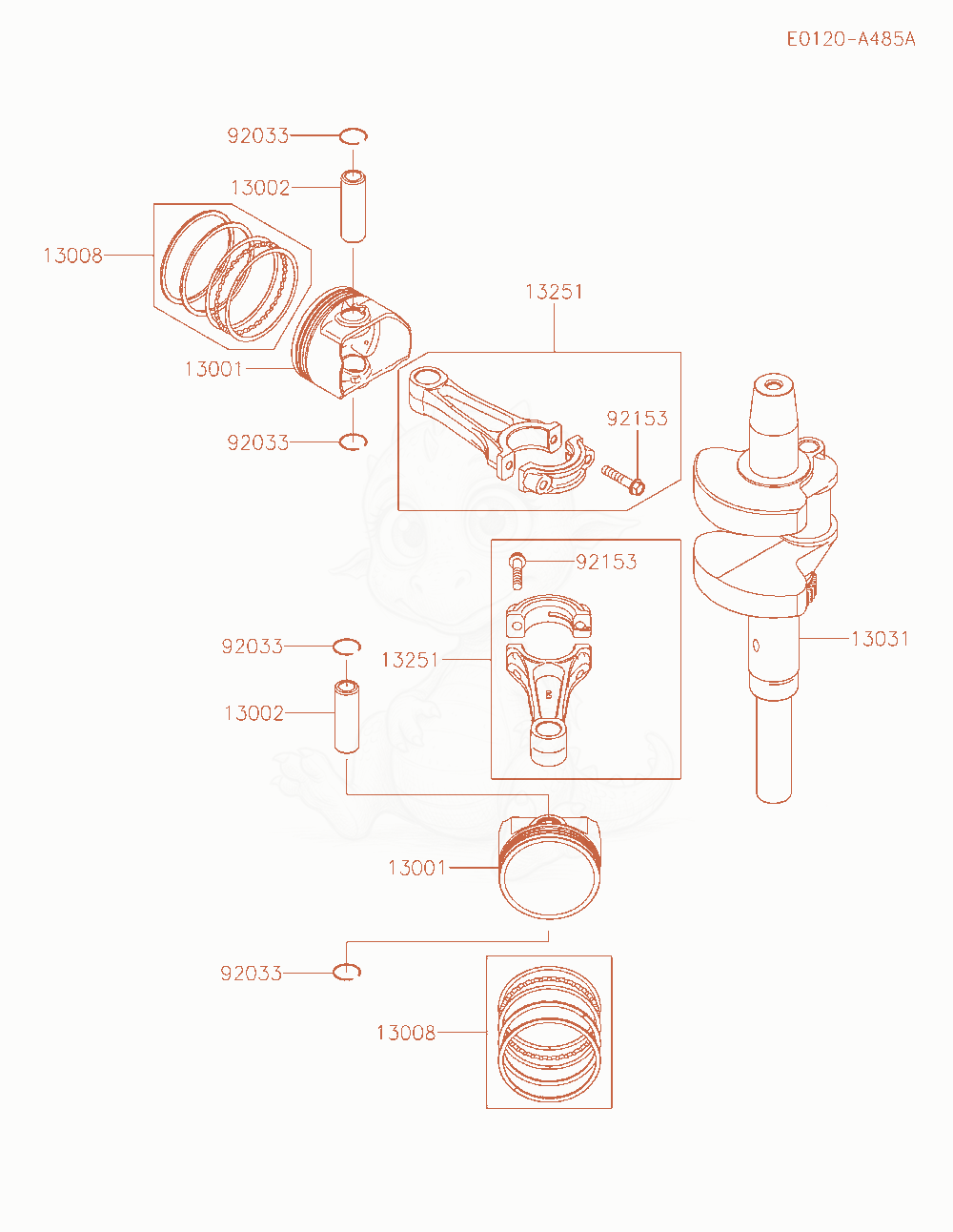 Despiece del Piston / Crankshaft de un motor Kawasaki FX850V-AR06, con globos numerados