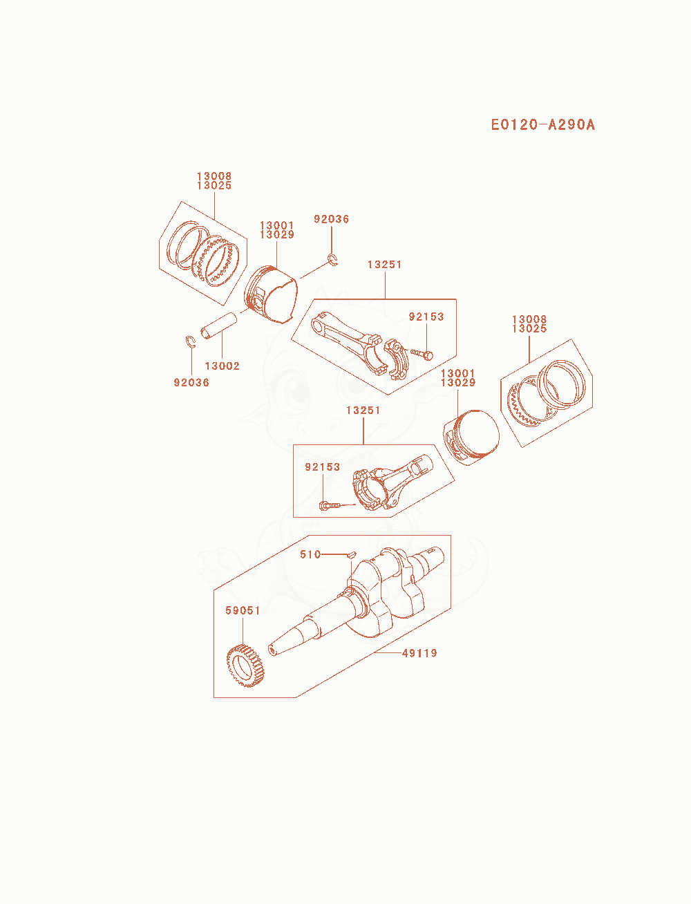 Despiece del Piston / Crankshaft de un motor Kawasaki FD750D-BS01, con globos numerados