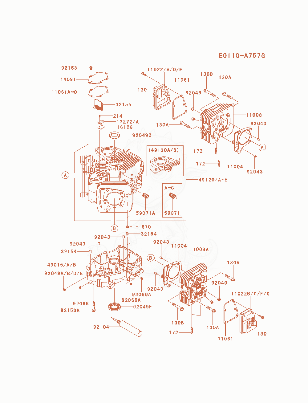 Despiece del Cylinder / Crankcase de un motor Kawasaki FX730V-AS00, con globos numerados