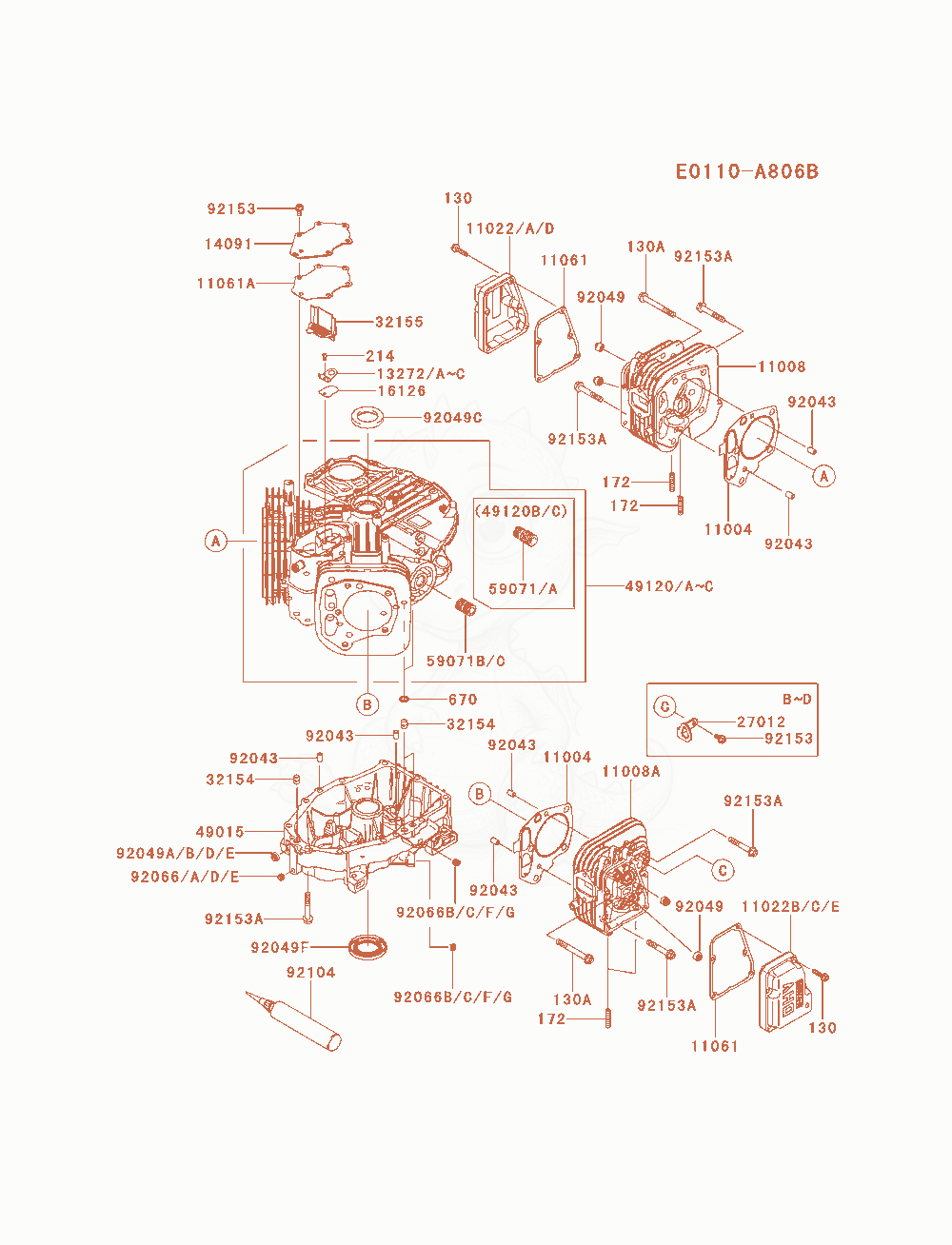 Despiece del Cylinder / Crankcase de un motor Kawasaki FS481V-AS23, con globos numerados