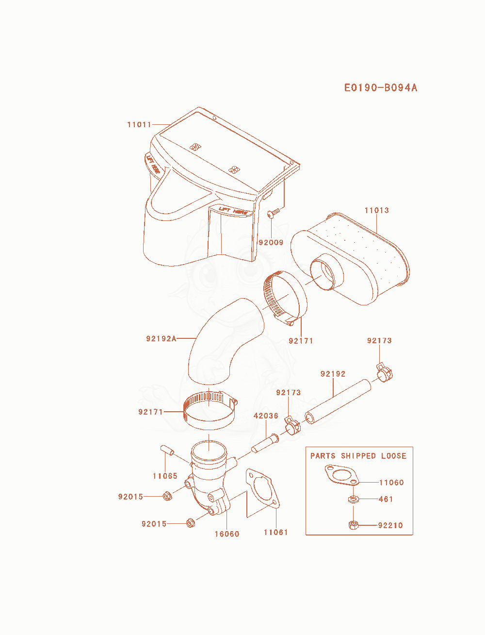 Despiece del Air-Filter / Muffler de un motor Kawasaki FR691V-AS05, con globos numerados
