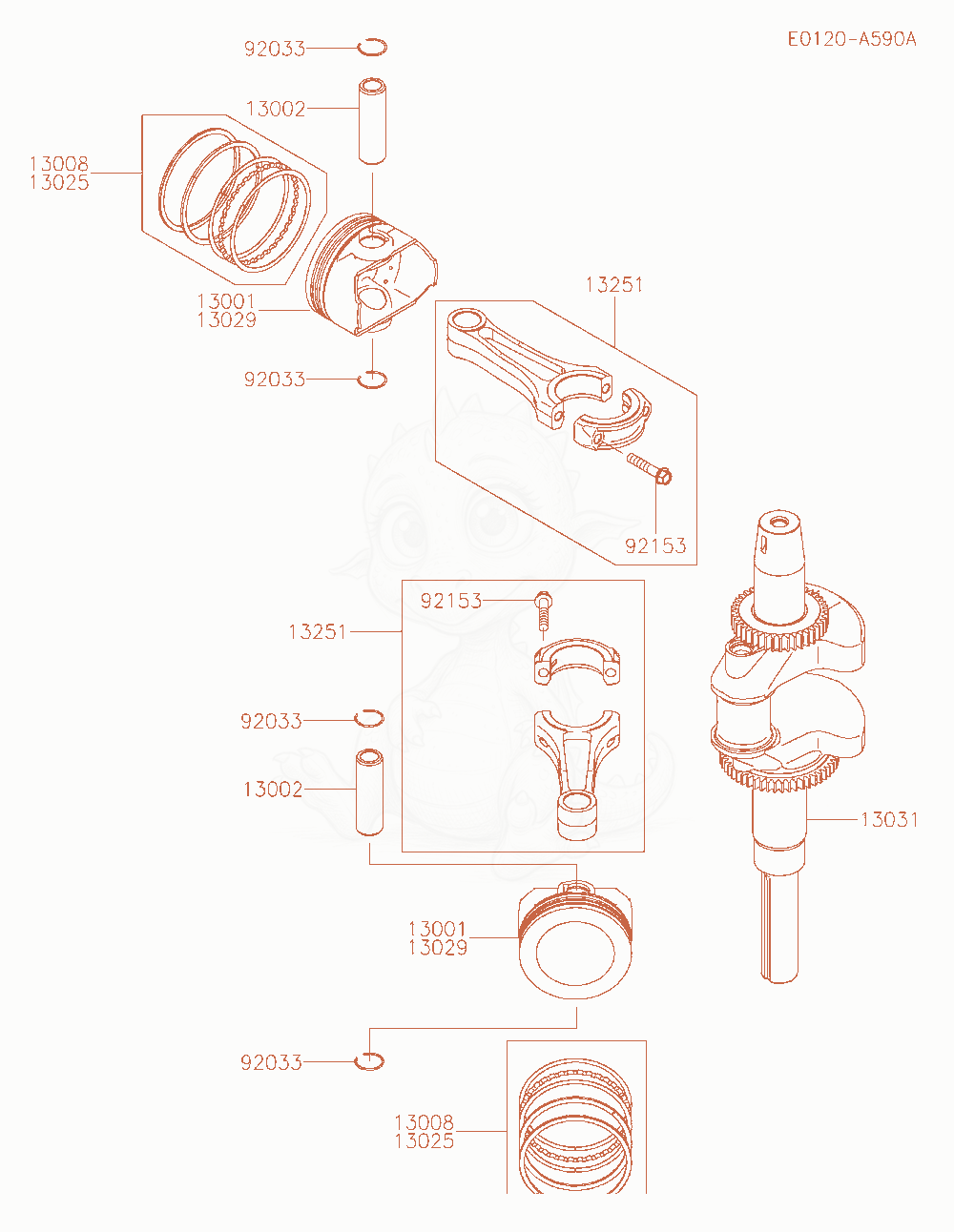 Exploded parts diagram of the Piston / Crankshaft of a Kawasaki FXT00V-AR31 engine, with numbered balloons