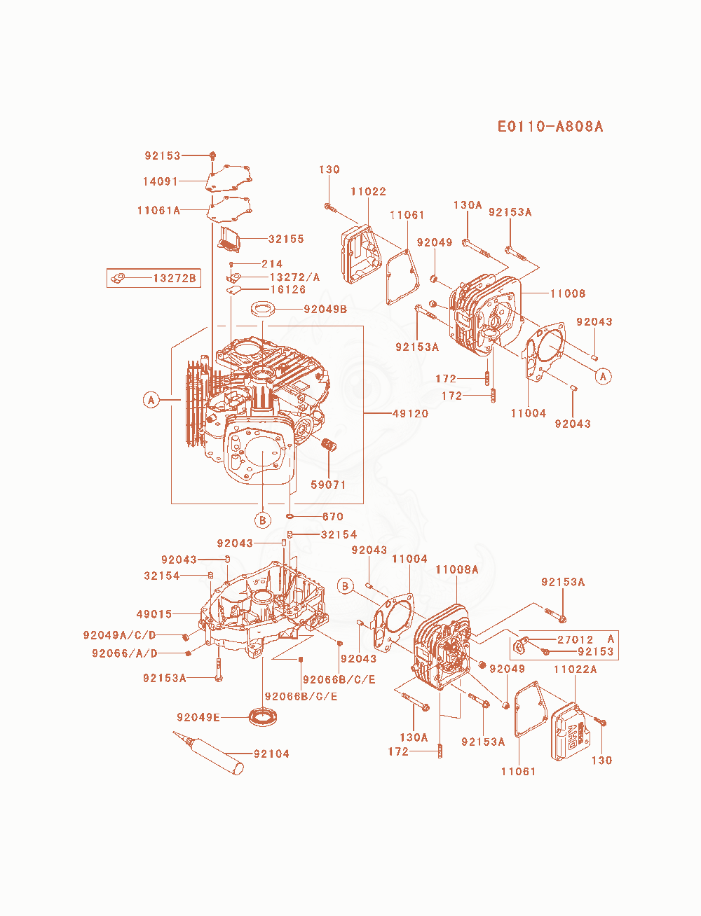 Despiece del Cylinder / Crankcase de un motor Kawasaki FS600V-AS23, con globos numerados
