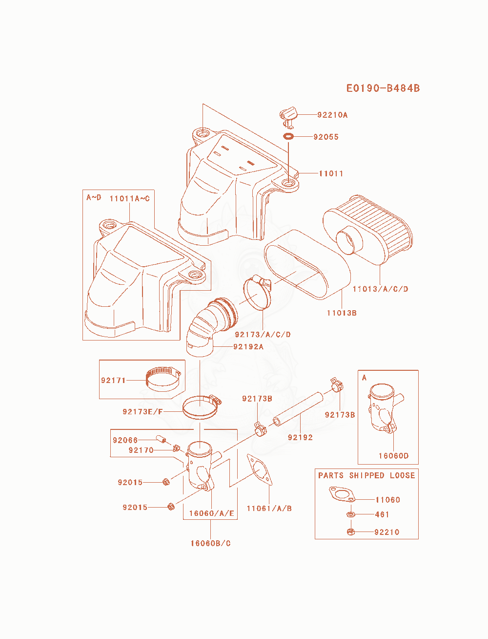 Despiece del Air-Filter / Muffler de un motor Kawasaki FS541V-AS01, con globos numerados