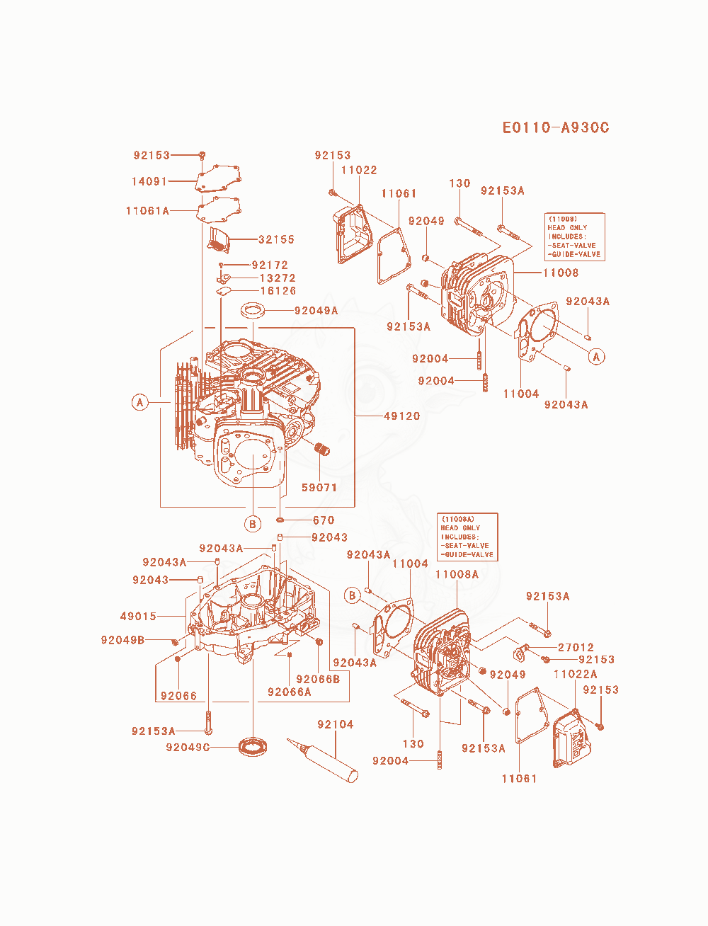 Despiece del Cylinder / Crankcase de un motor Kawasaki FR600V-AS17, con globos numerados
