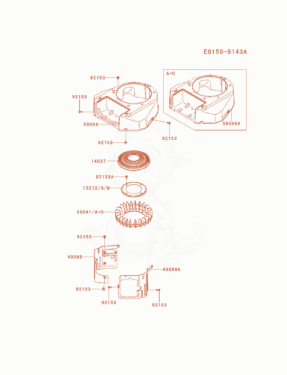 Despiece del Cooling-Equipment de un motor Kawasaki FS481V-AS19, con globos numerados