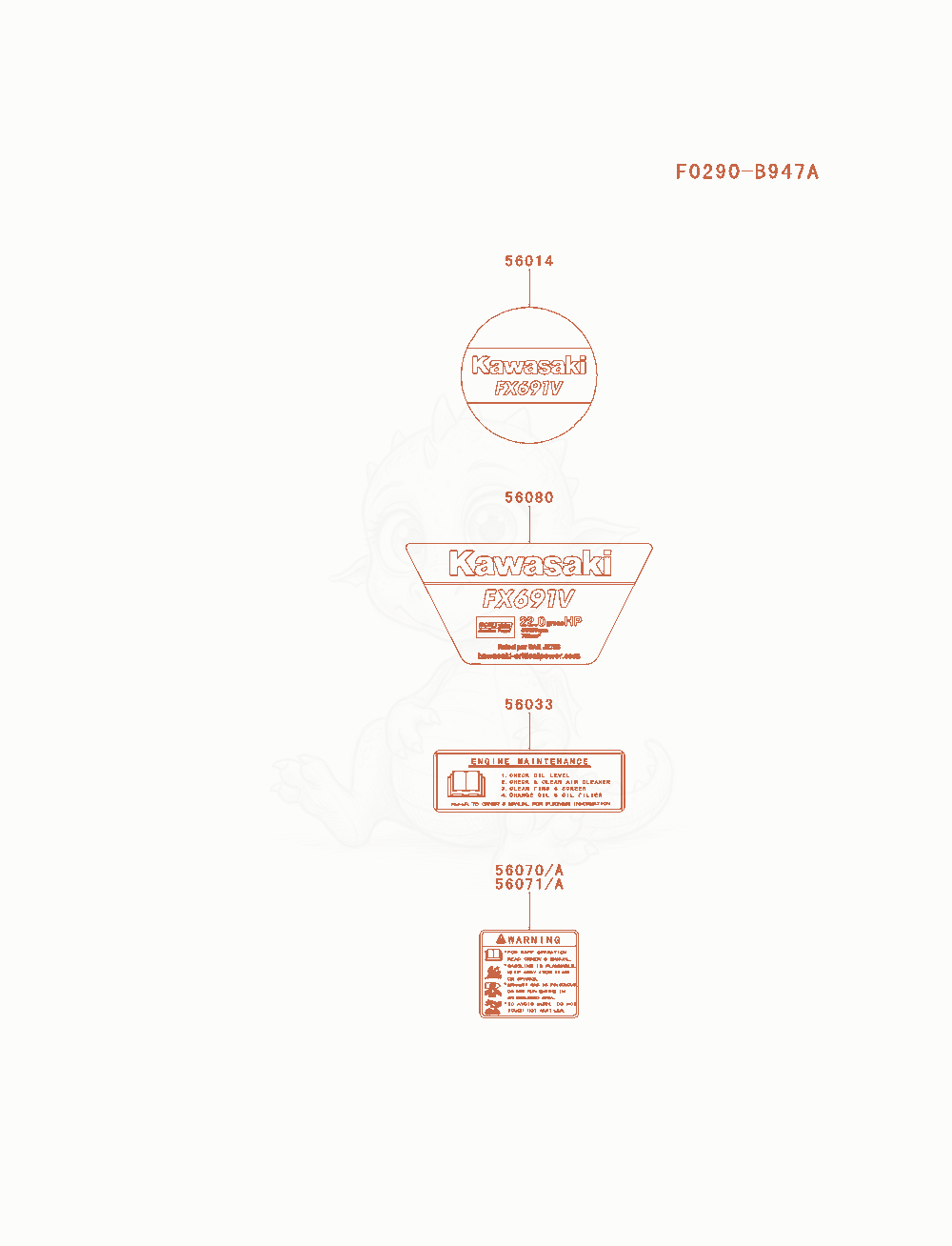 Despiece del Label de un motor Kawasaki FX691V-AS11, con globos numerados