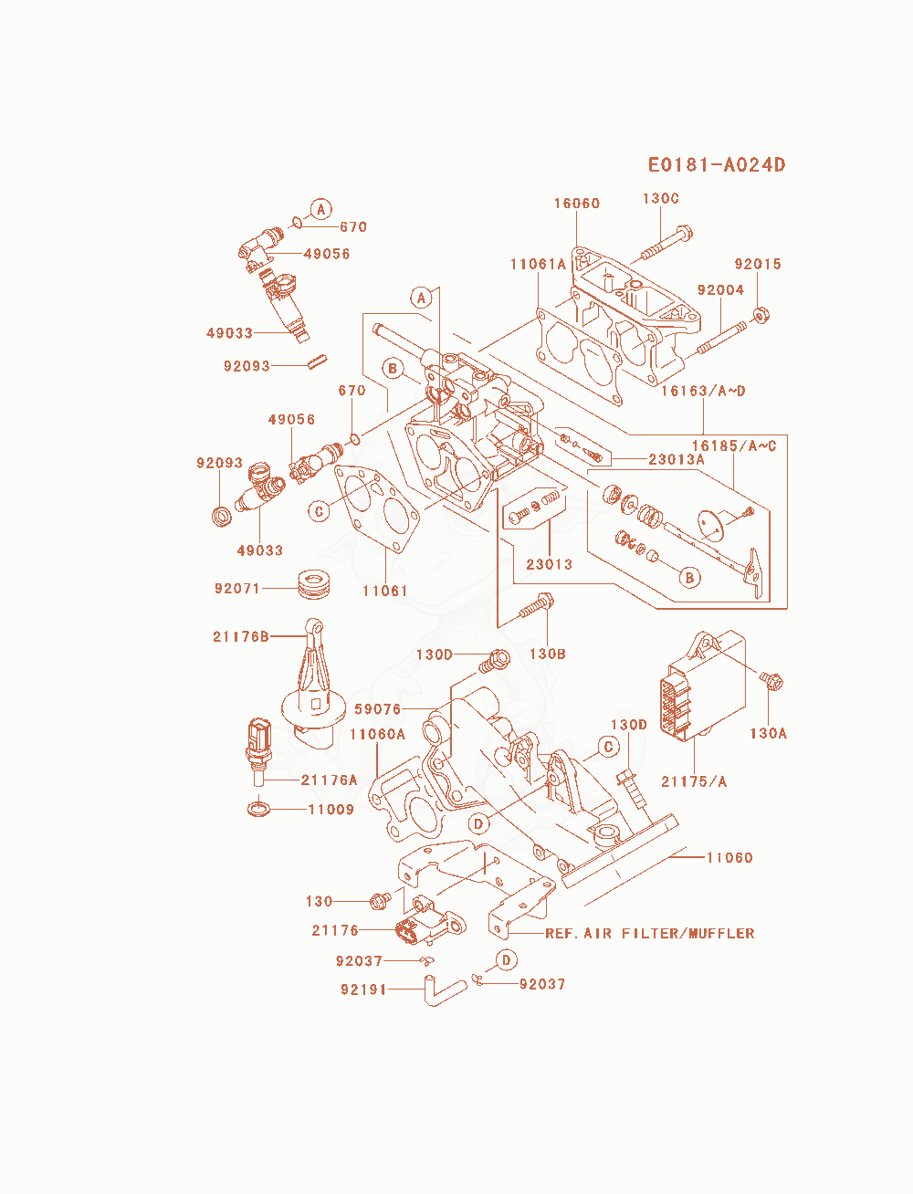 Despiece del Throttle-Equipment de un motor Kawasaki FD791D-FS00, con globos numerados