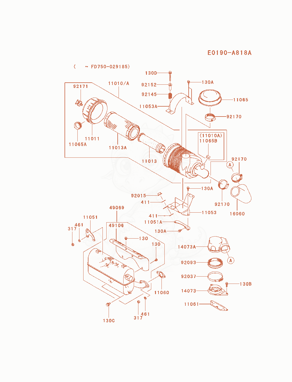 Despiece del Air-Filter / Muffler de un motor Kawasaki FD750D-AS06, con globos numerados