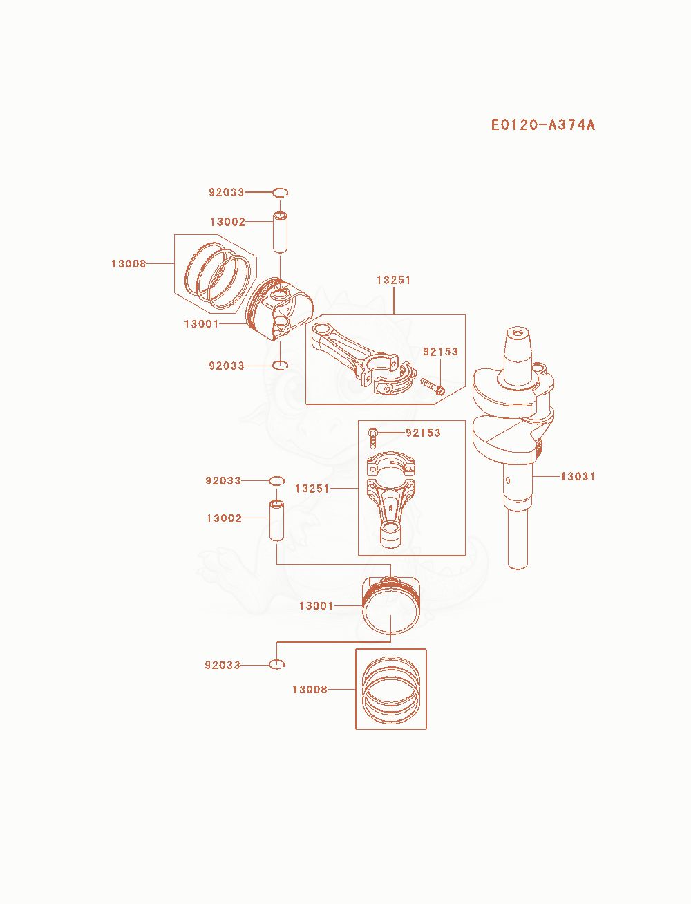 Despiece del Piston / Crankshaft de un motor Kawasaki FX751V-AS08, con globos numerados