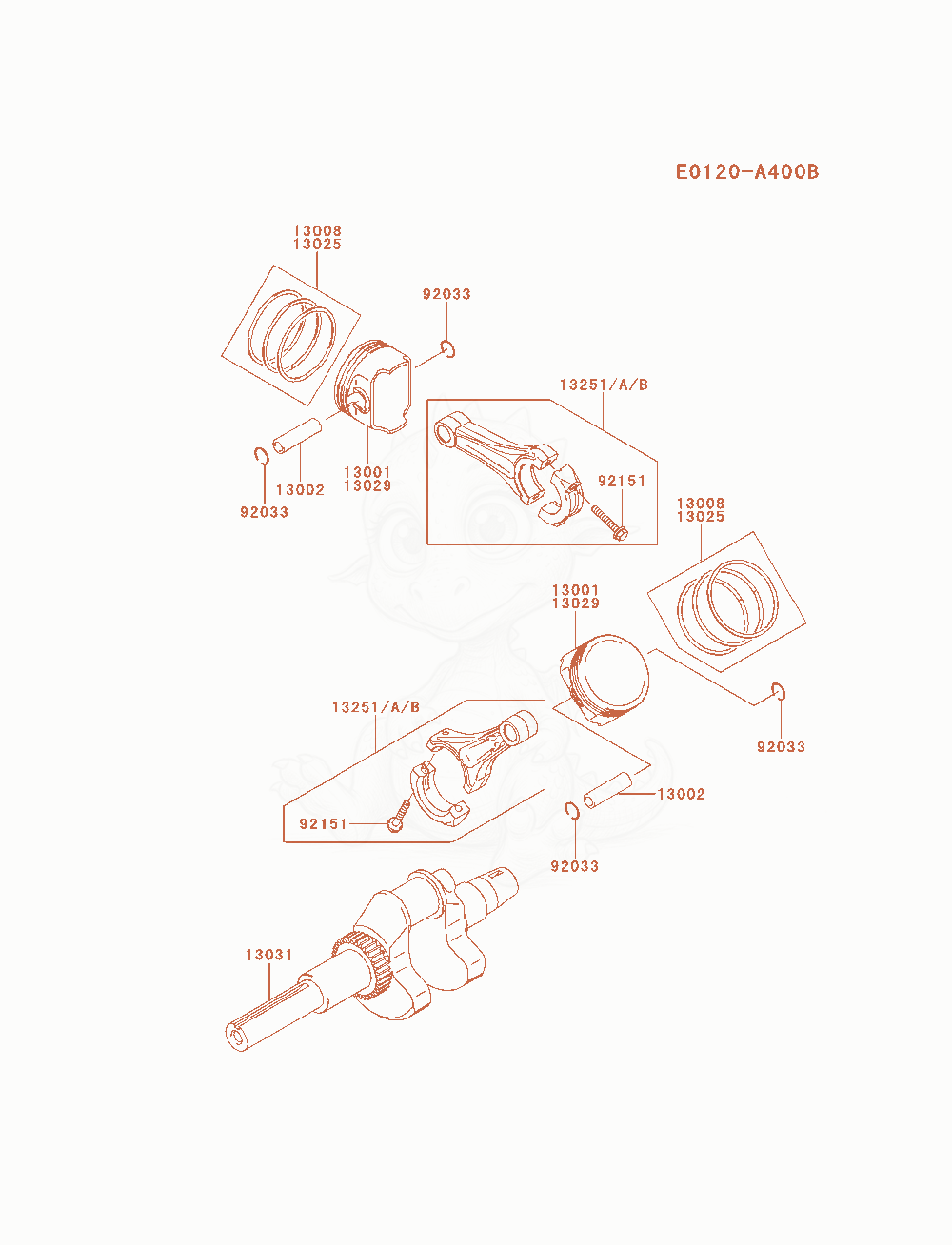 Despiece del Piston / Crankshaft de un motor Kawasaki FH721D-ES01, con globos numerados