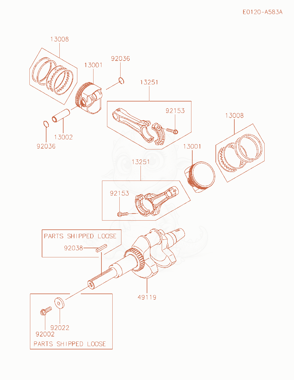 Exploded parts diagram of the Piston / Crankshaft of a Kawasaki FD851D-RS01 engine, with numbered balloons