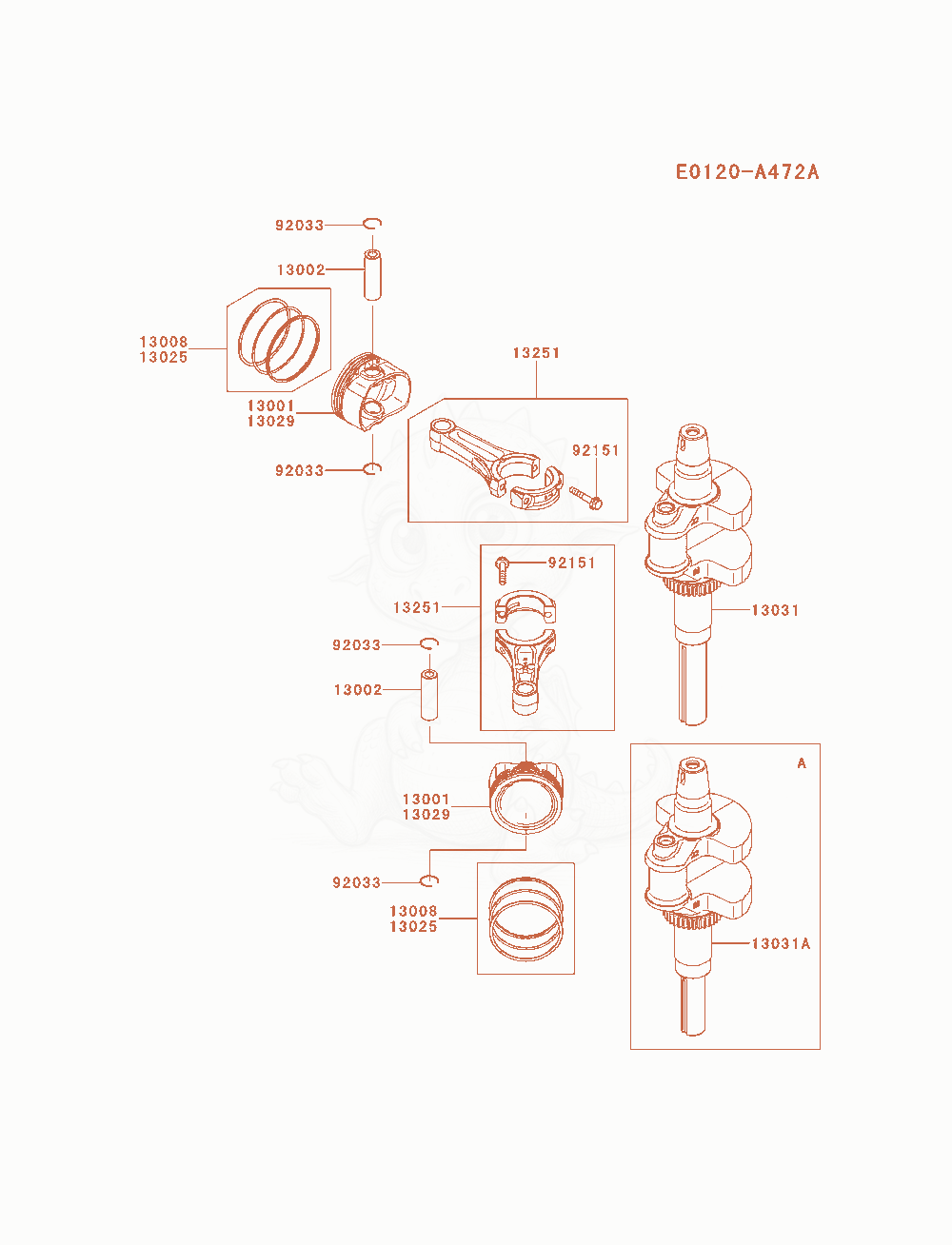 Exploded parts diagram of the Piston / Crankshaft of a Kawasaki FS730V-AS13 engine, with numbered balloons