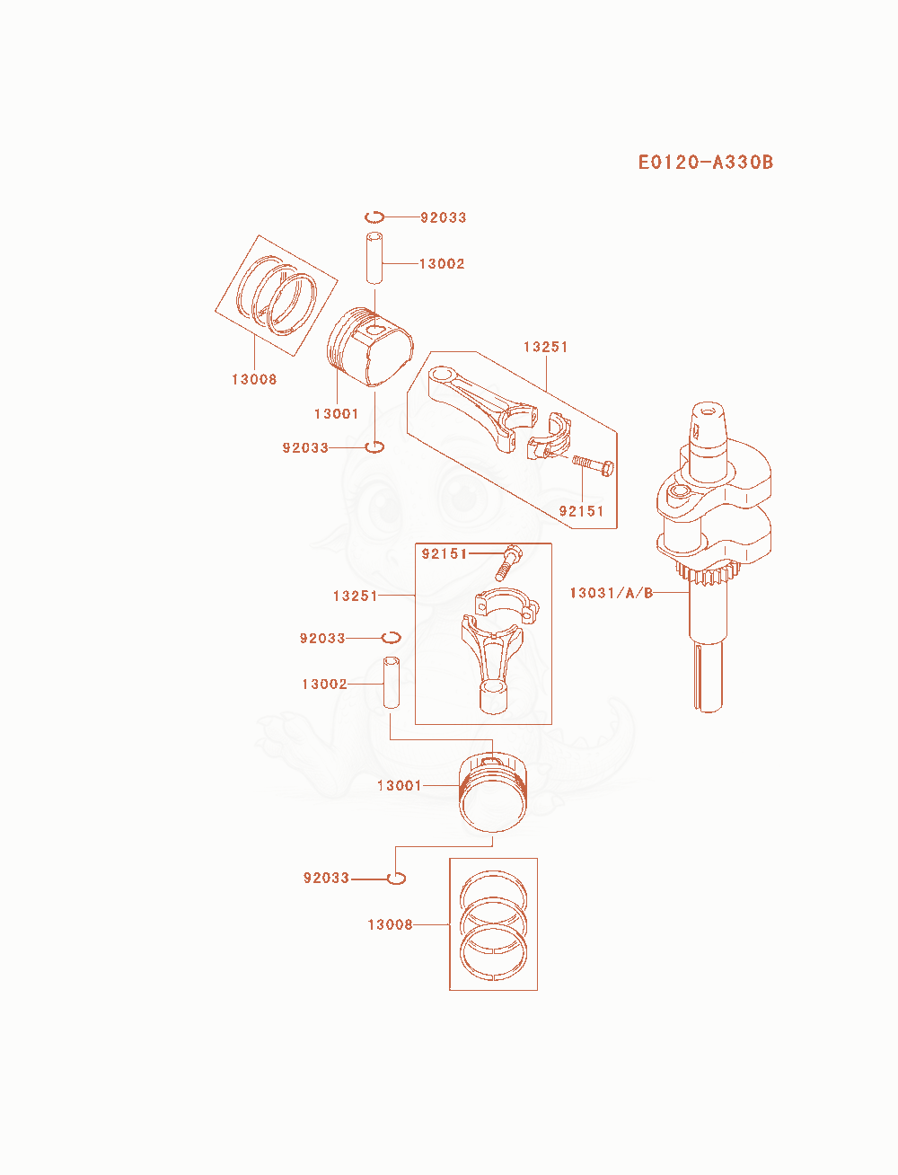 Exploded parts diagram of the Piston / Crankshaft of a Kawasaki FH580V-AS40 engine, with numbered balloons