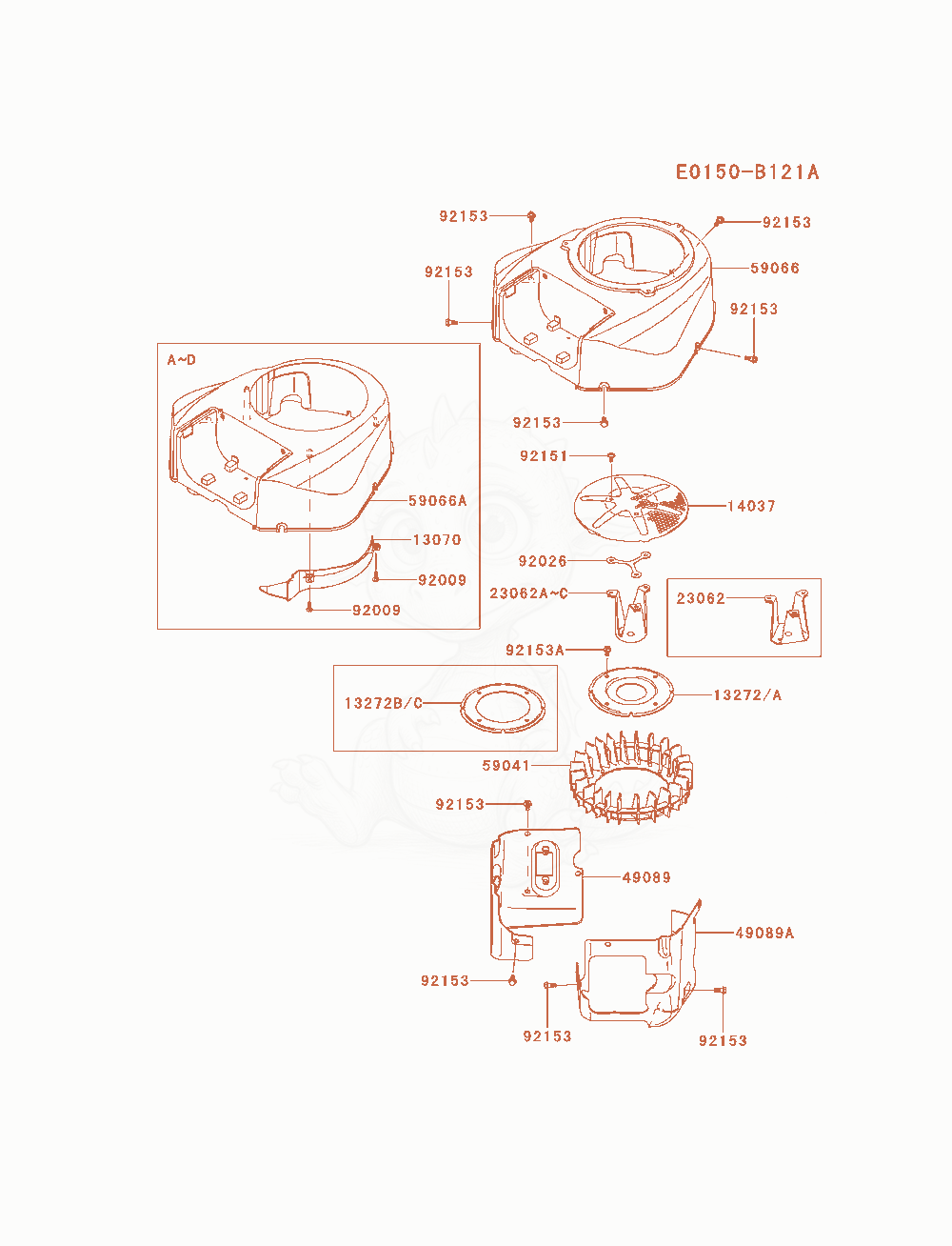 Despiece del Cooling-Equipment de un motor Kawasaki FR730V-BS04, con globos numerados
