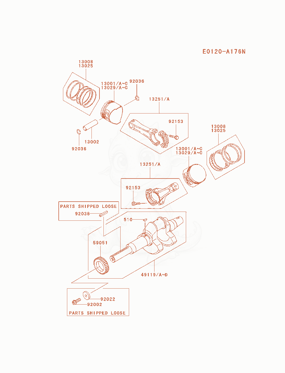Despiece del Piston / Crankshaft de un motor Kawasaki FD750D-AS06, con globos numerados