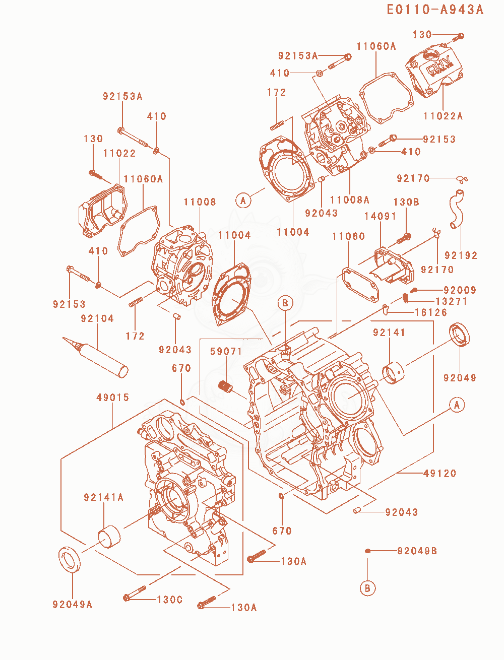 Despiece del Cylinder / Crankcase de un motor Kawasaki FD750D-NS00, con globos numerados