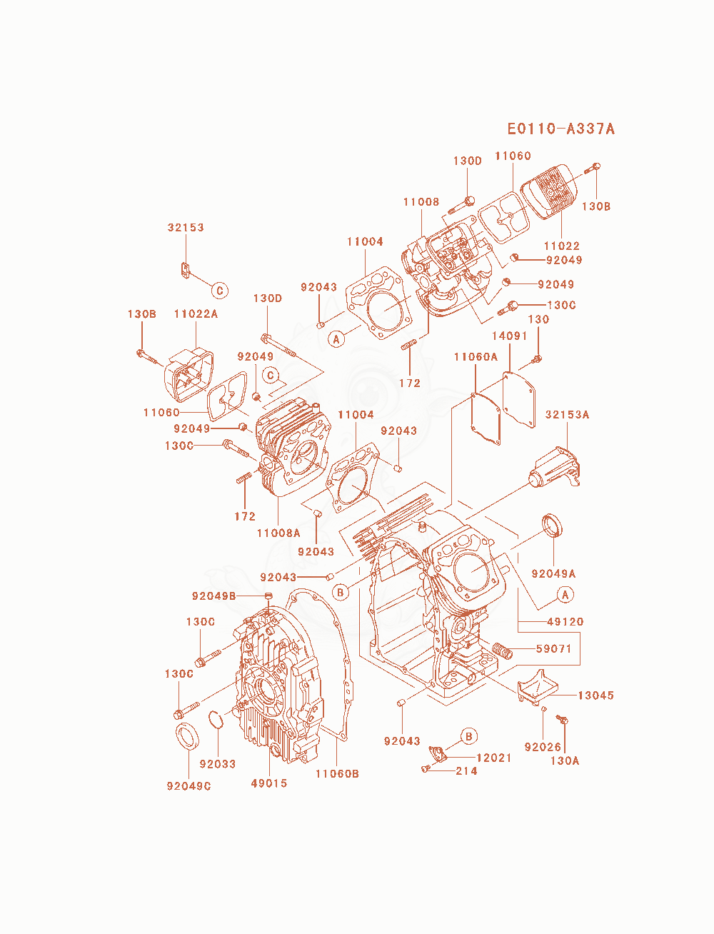 Exploded parts diagram of the Cylinder / Crankcase of a Kawasaki FH680D-AS01 engine, with numbered balloons