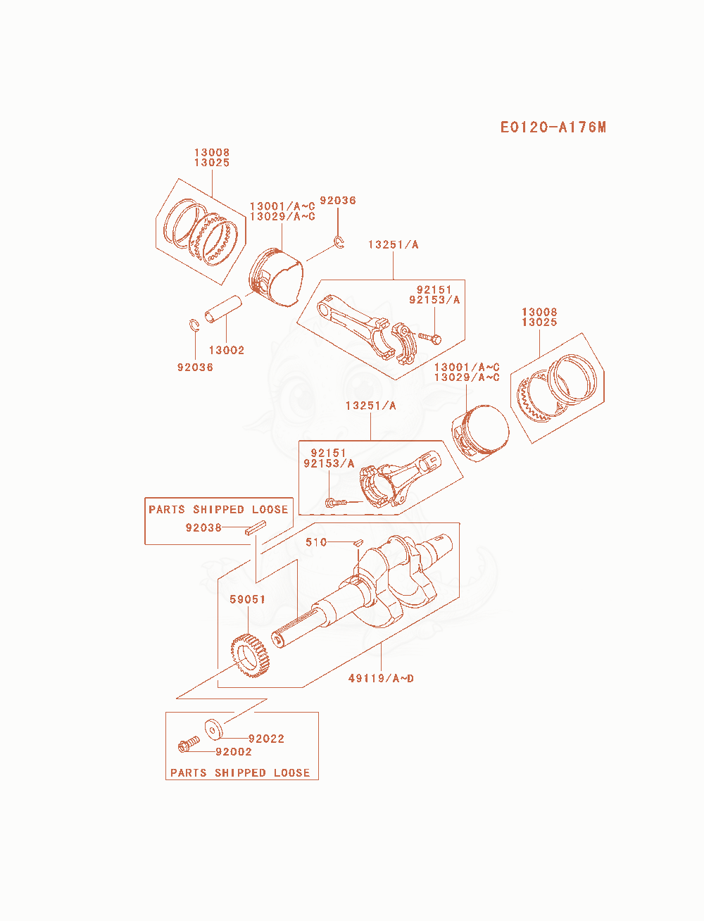 Exploded parts diagram of the Piston / Crankshaft of a Kawasaki FD750D-AS00 engine, with numbered balloons