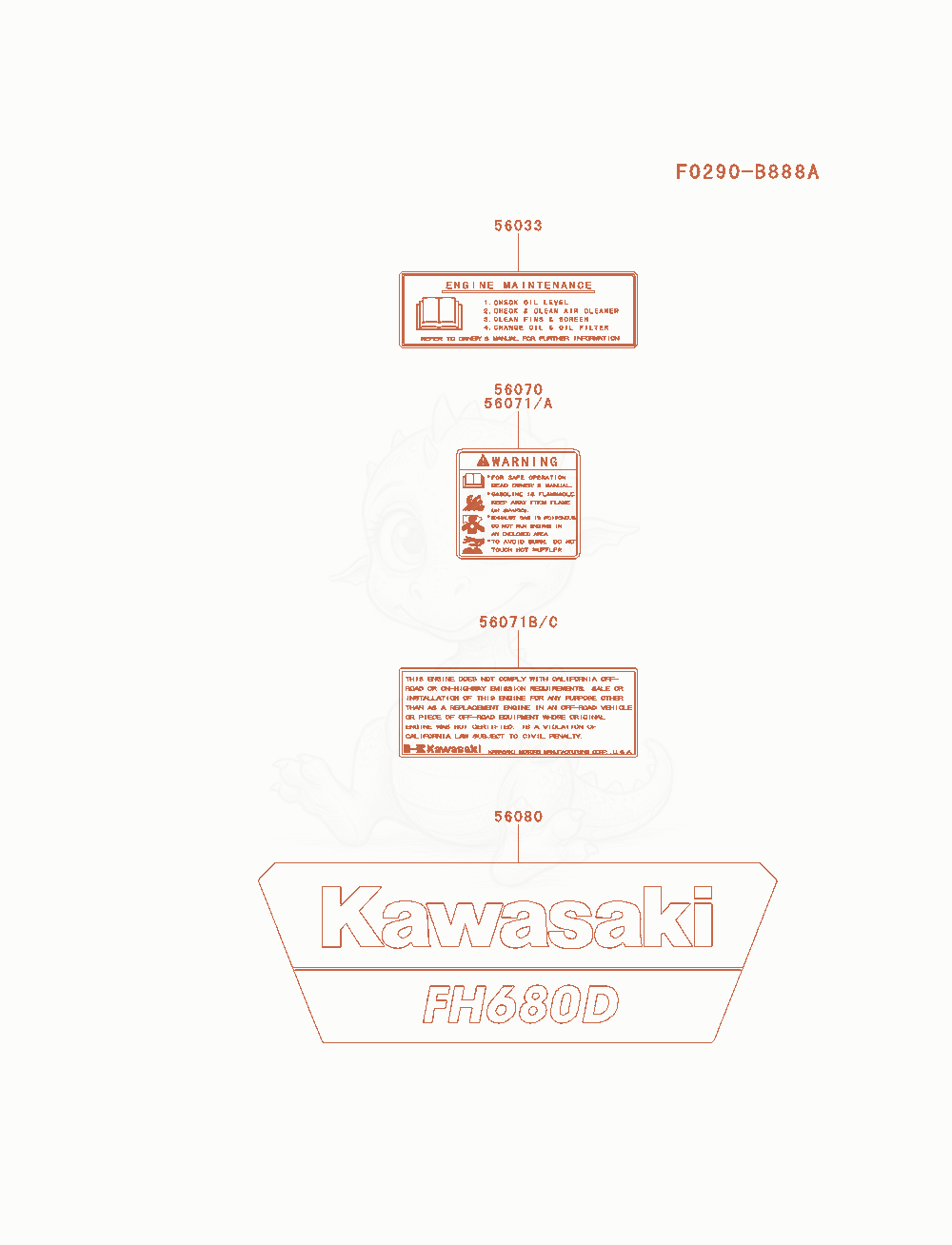 Exploded parts diagram of the Label of a Kawasaki FH680D-FS08 engine, with numbered balloons