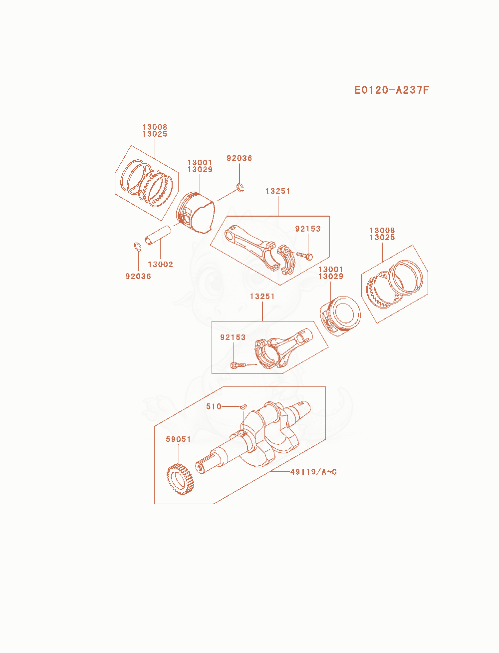 Despiece del Piston / Crankshaft de un motor Kawasaki FD750D-BS09, con globos numerados