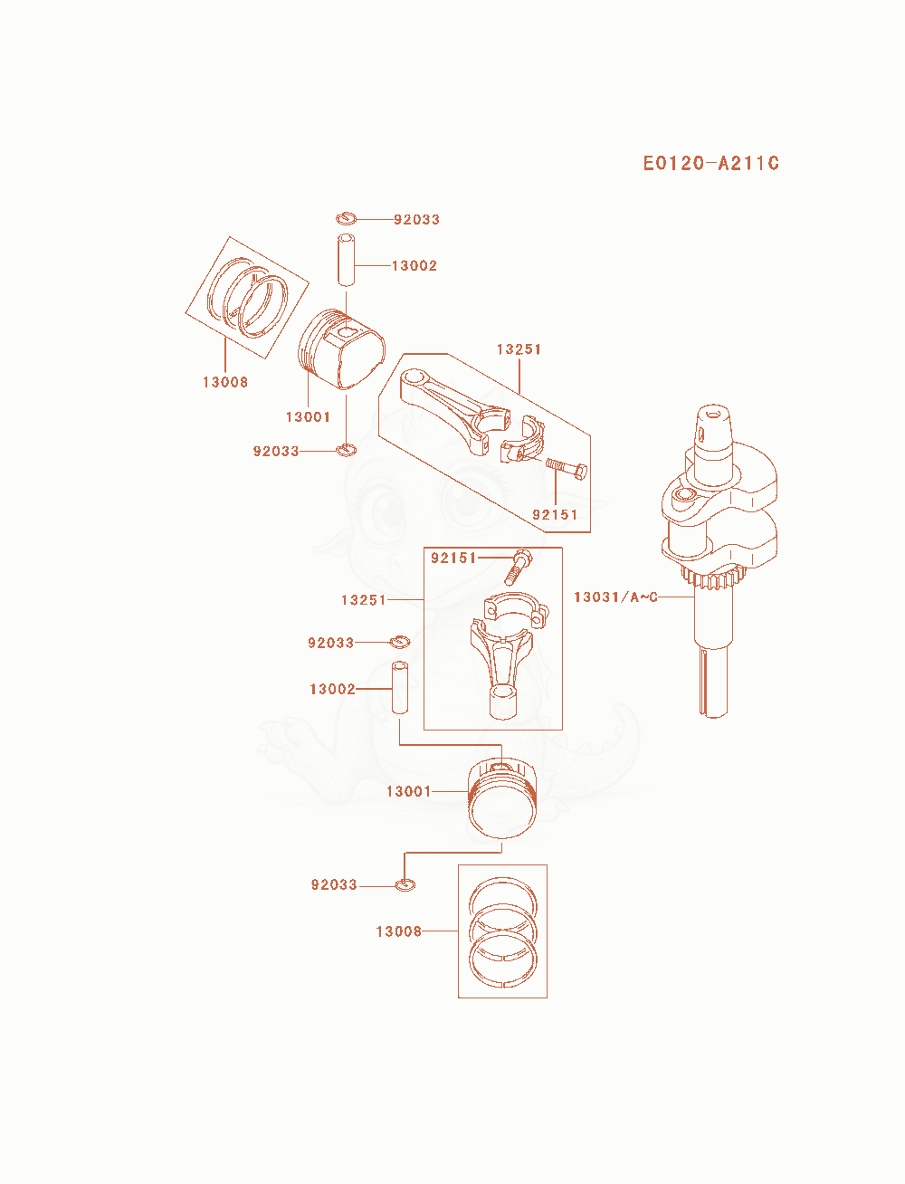 Exploded parts diagram of the Piston / Crankshaft of a Kawasaki FH580V-AS29 engine, with numbered balloons