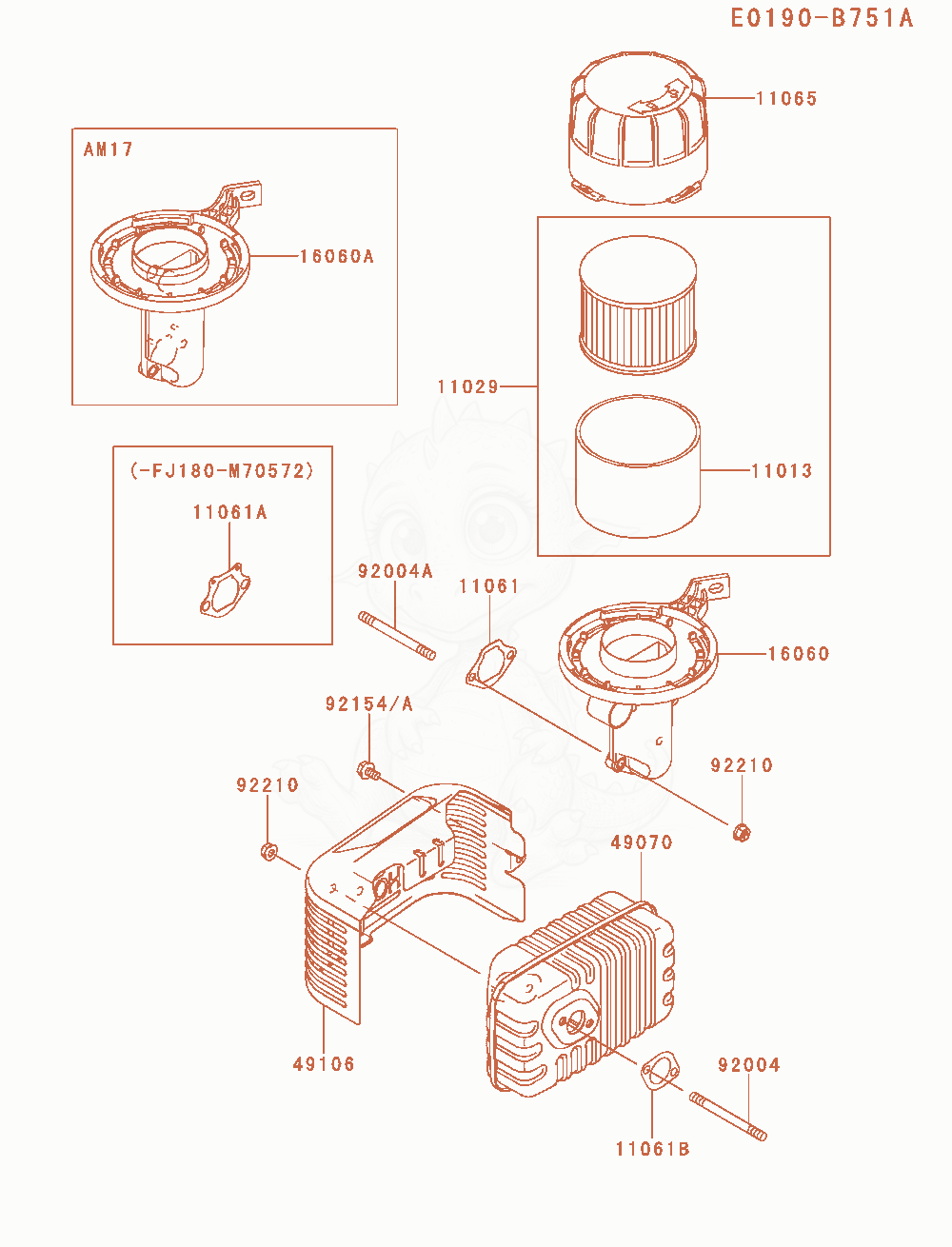 Exploded parts diagram of the Air-Filter / Muffler of a Kawasaki FJ180V-AM17 engine, with numbered balloons