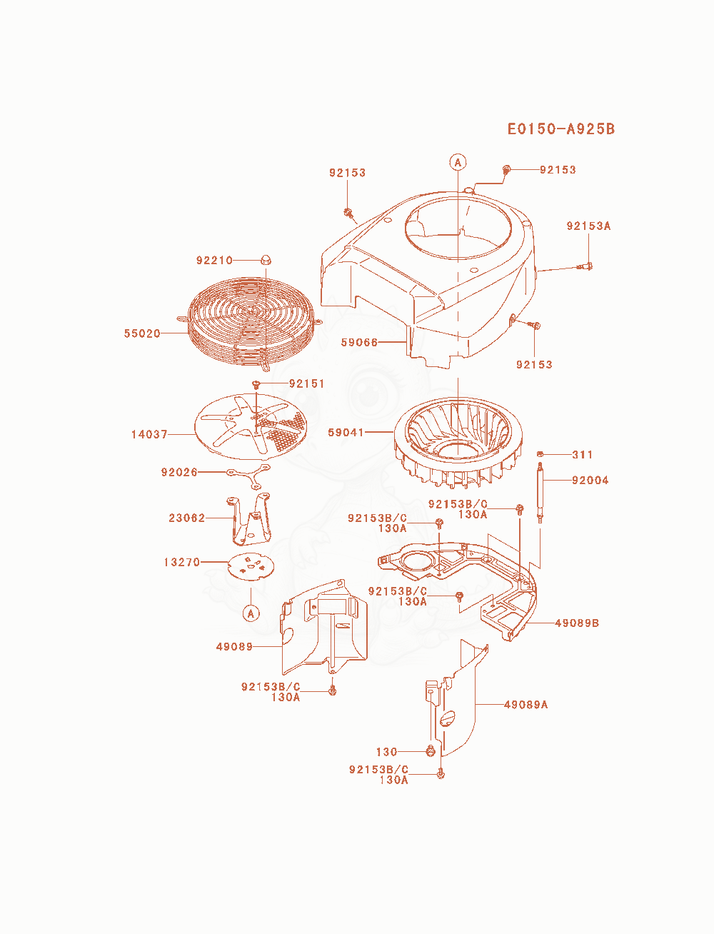 Despiece del Cooling-Equipment de un motor Kawasaki FH680V-ES32, con globos numerados