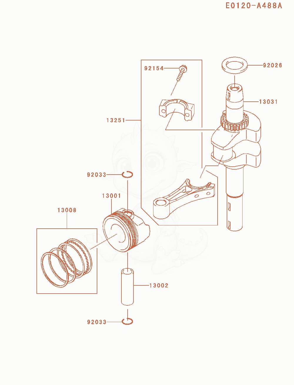 Exploded parts diagram of the Piston / Crankshaft of a Kawasaki FJ180V-AM29 engine, with numbered balloons