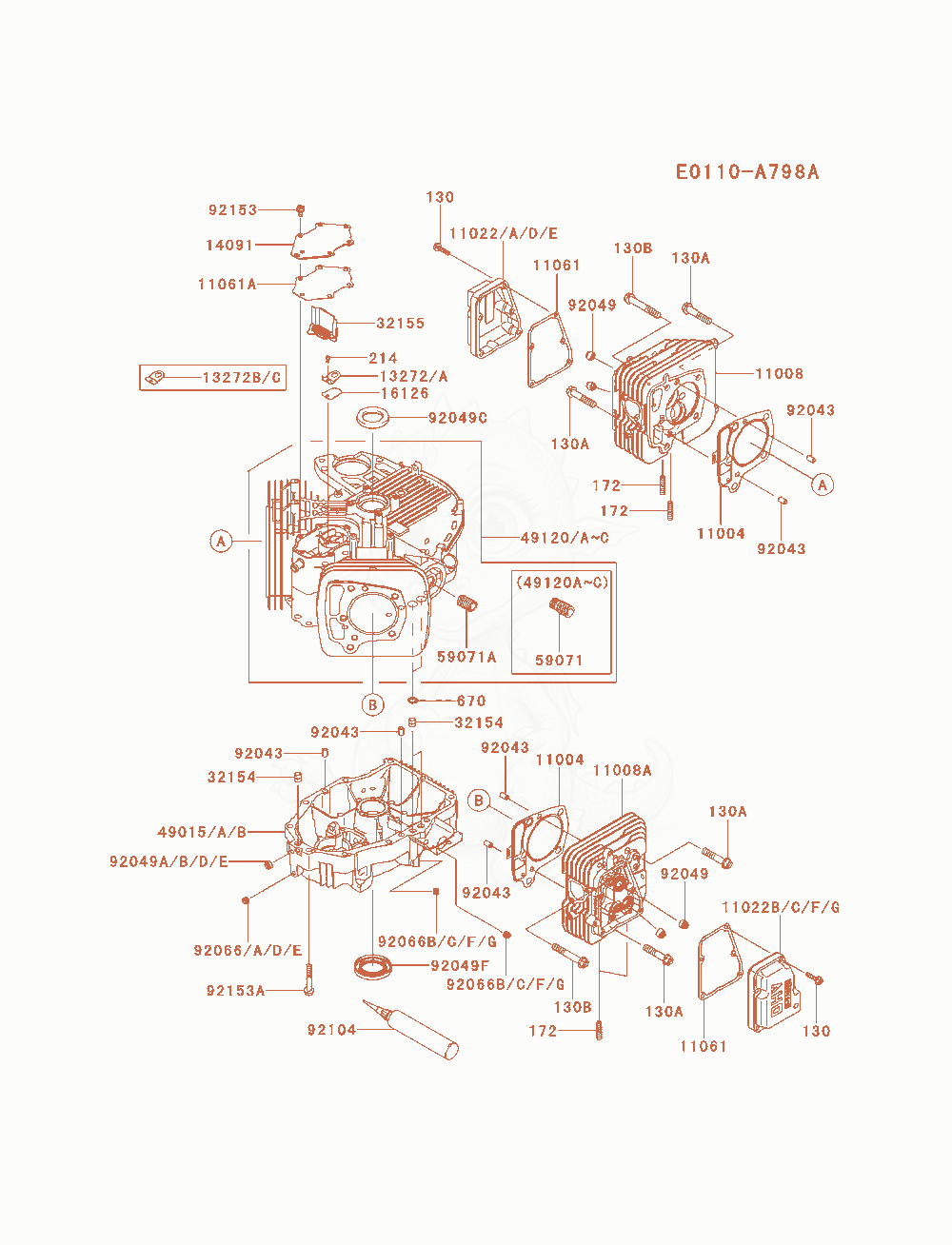 Despiece del Cylinder / Crankcase de un motor Kawasaki FR730V-BS04, con globos numerados