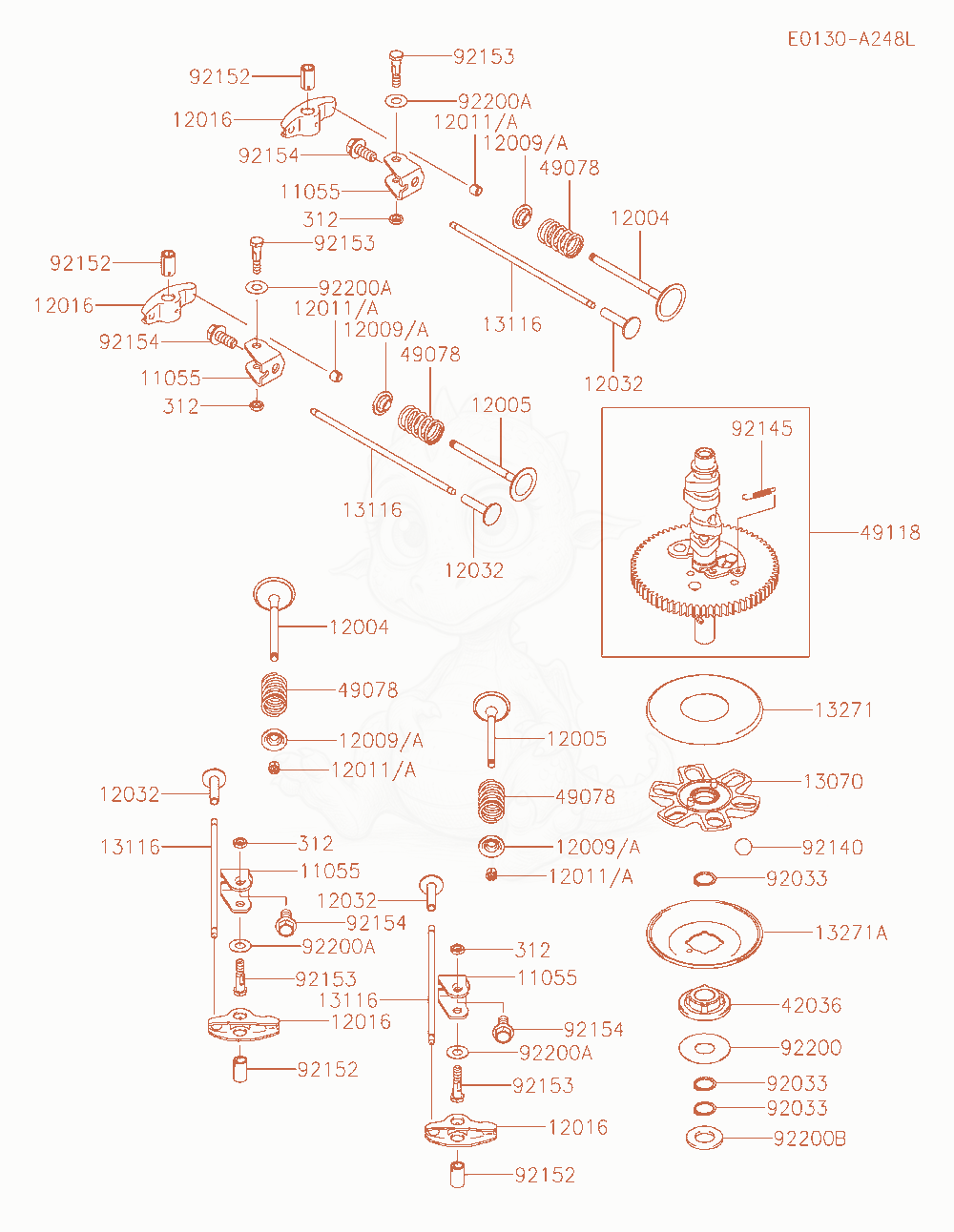 Despiece del Valve / Camshaft de un motor Kawasaki FR730V-LS00, con globos numerados
