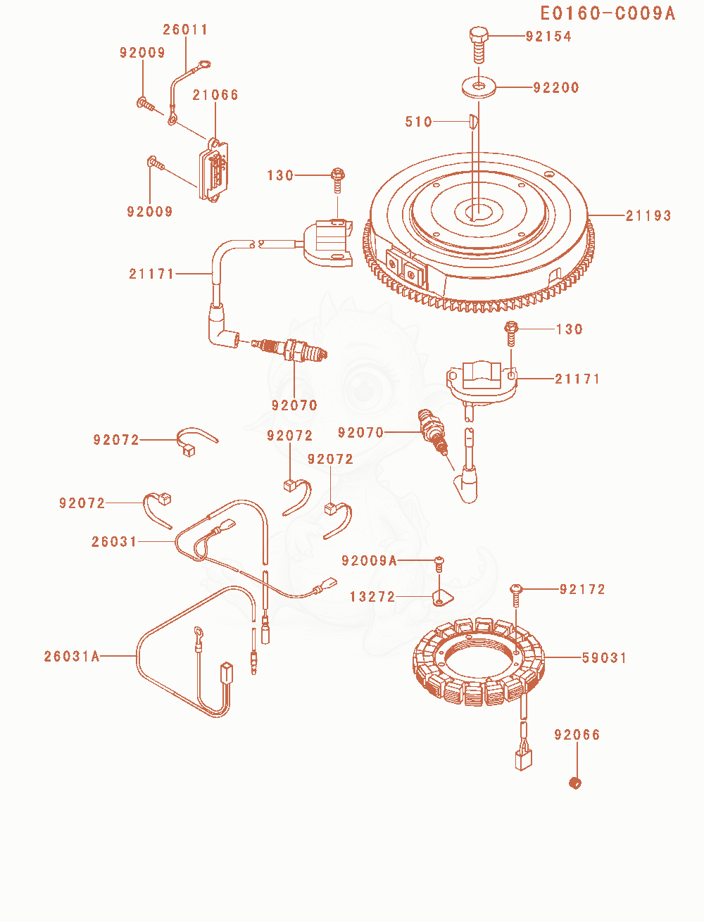 Despiece del Electric-Equipment de un motor Kawasaki FS651V-AS21, con globos numerados