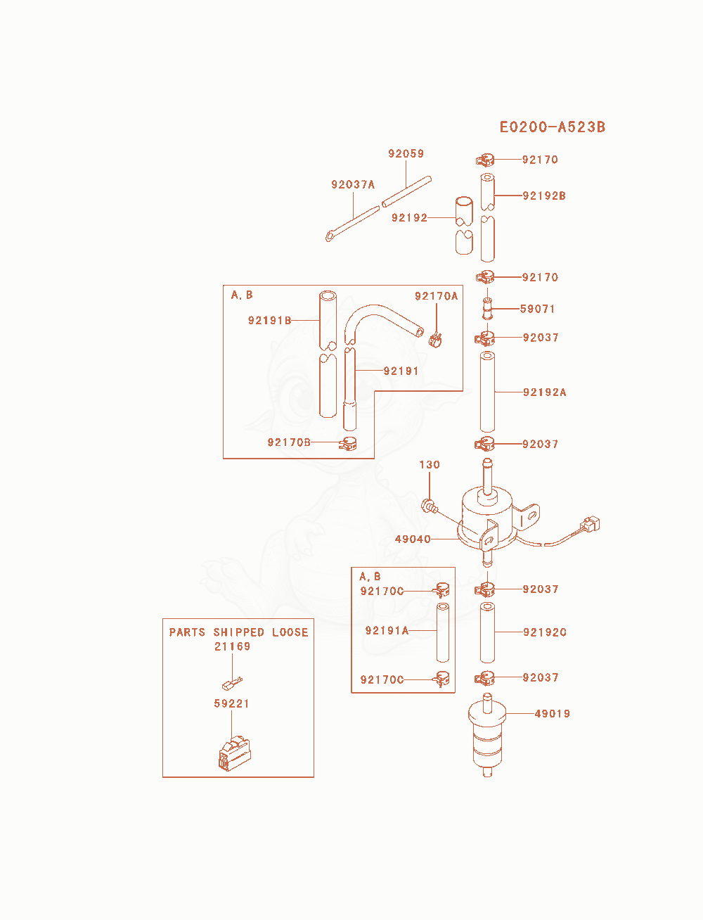 Despiece del Fuel-Tank / Fuel-Valve de un motor Kawasaki FD750D-AS00, con globos numerados