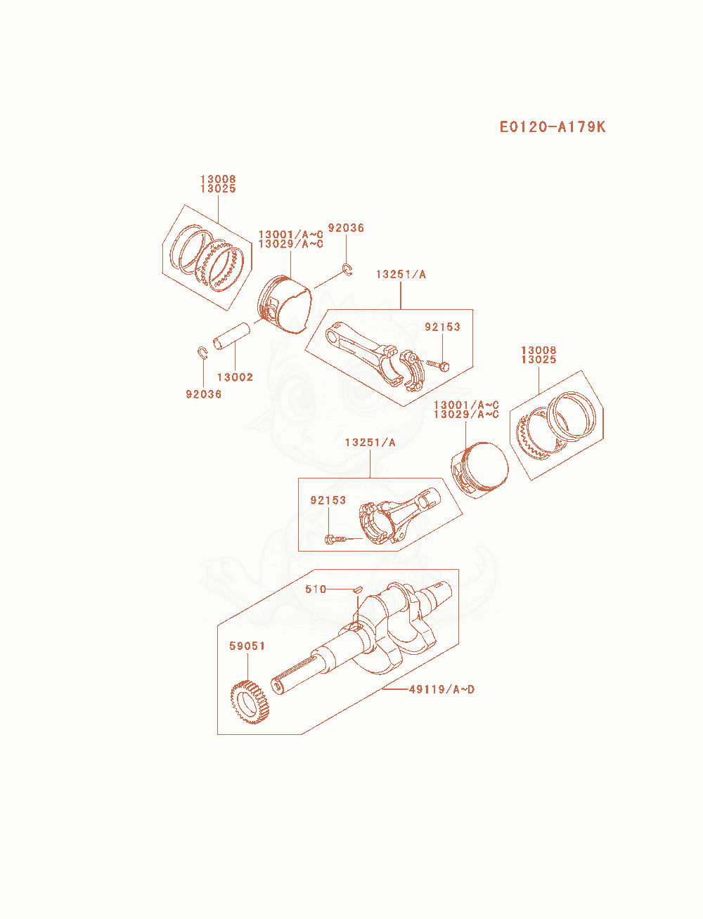 Despiece del Piston / Crankshaft de un motor Kawasaki FD791D-AS04, con globos numerados
