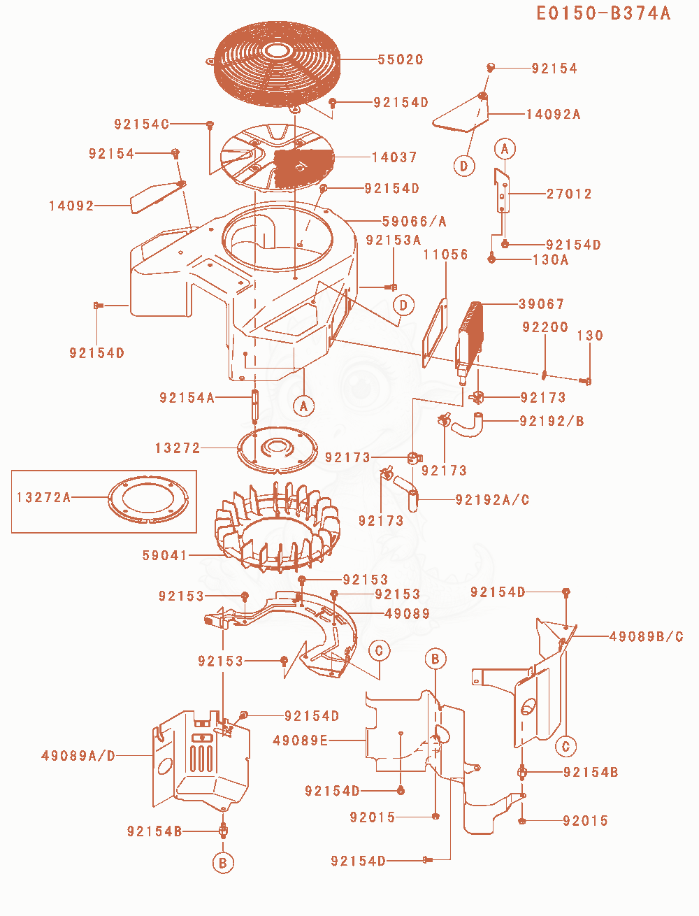 Despiece del Cooling-Equipment(Fs07 / Hs07) de un motor Kawasaki FX751V-HS07, con globos numerados