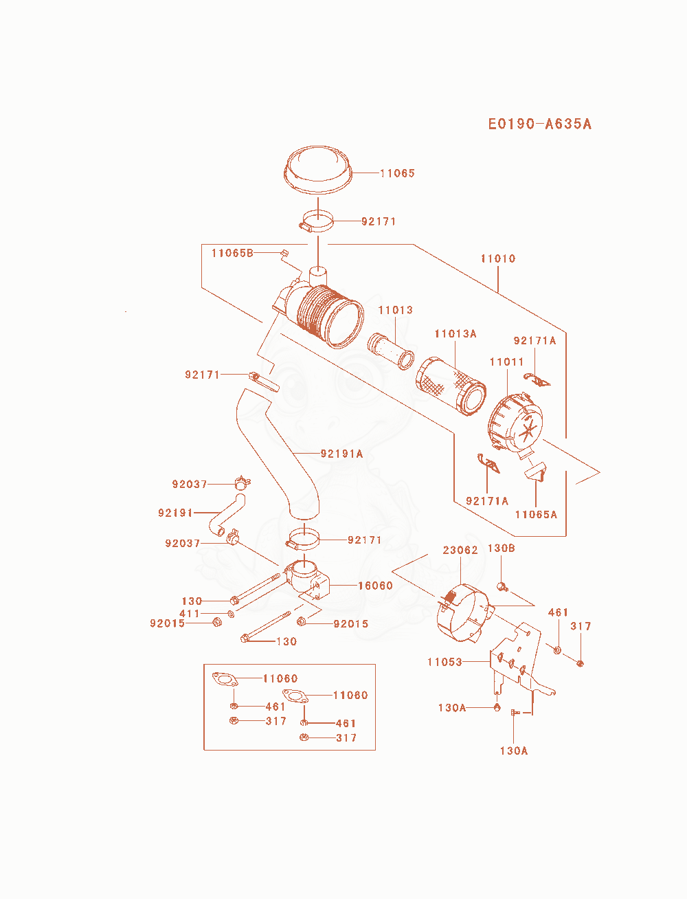 Despiece del Air-Filter / Muffler de un motor Kawasaki FH721V-AS28, con globos numerados