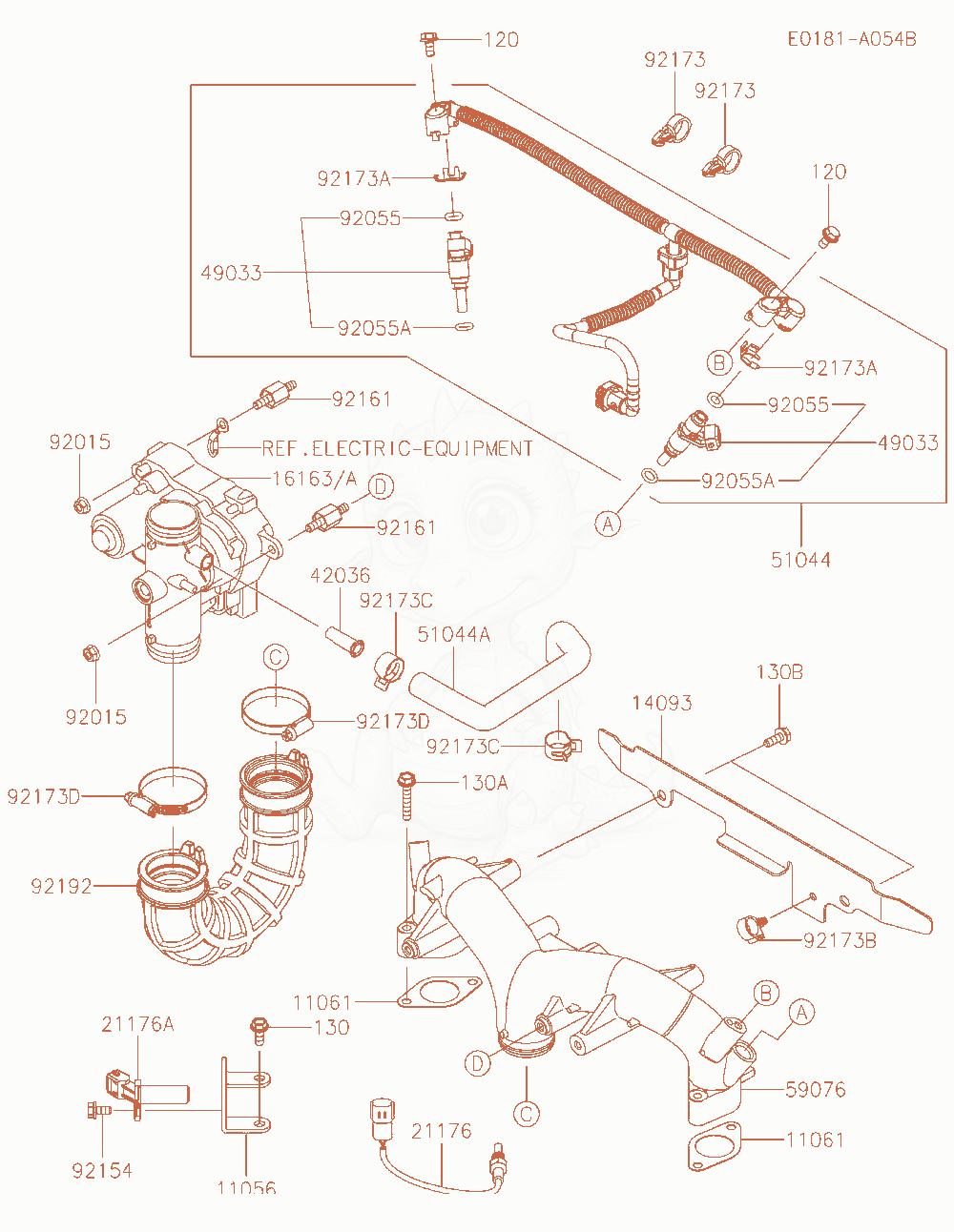 Despiece del Throttle-Equipment de un motor Kawasaki FX850V-BR31, con globos numerados