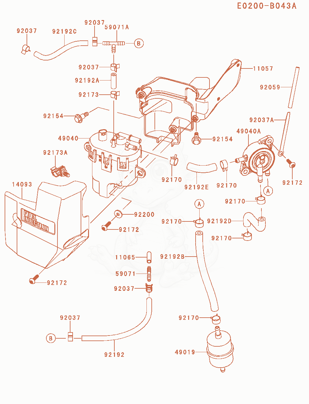 Despiece del Fuel-Tank / Fuel-Valve de un motor Kawasaki FT730V-AS45, con globos numerados