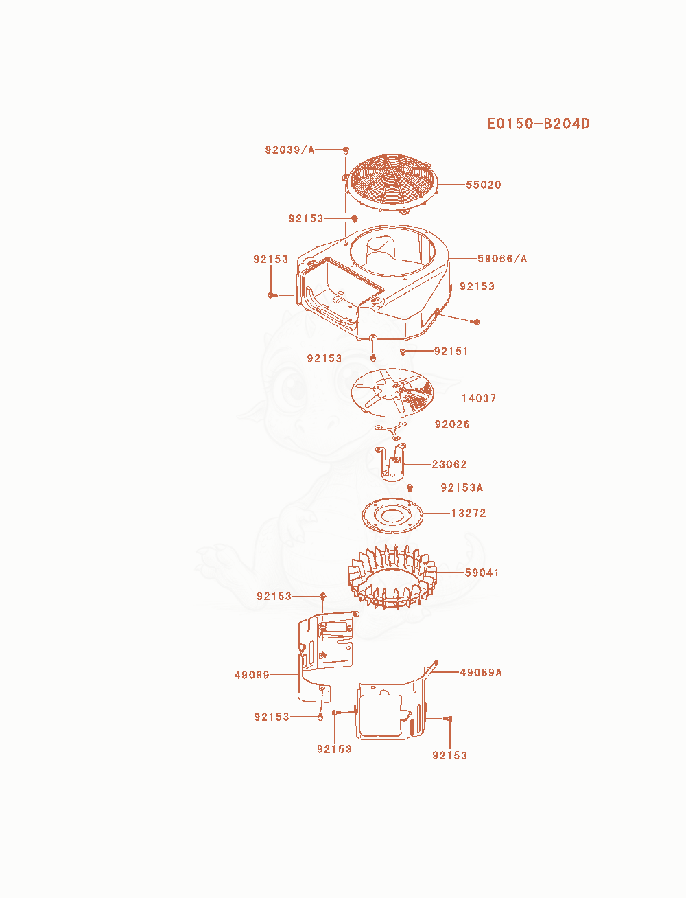 Despiece del Cooling-Equipment de un motor Kawasaki FS600V-AS12, con globos numerados