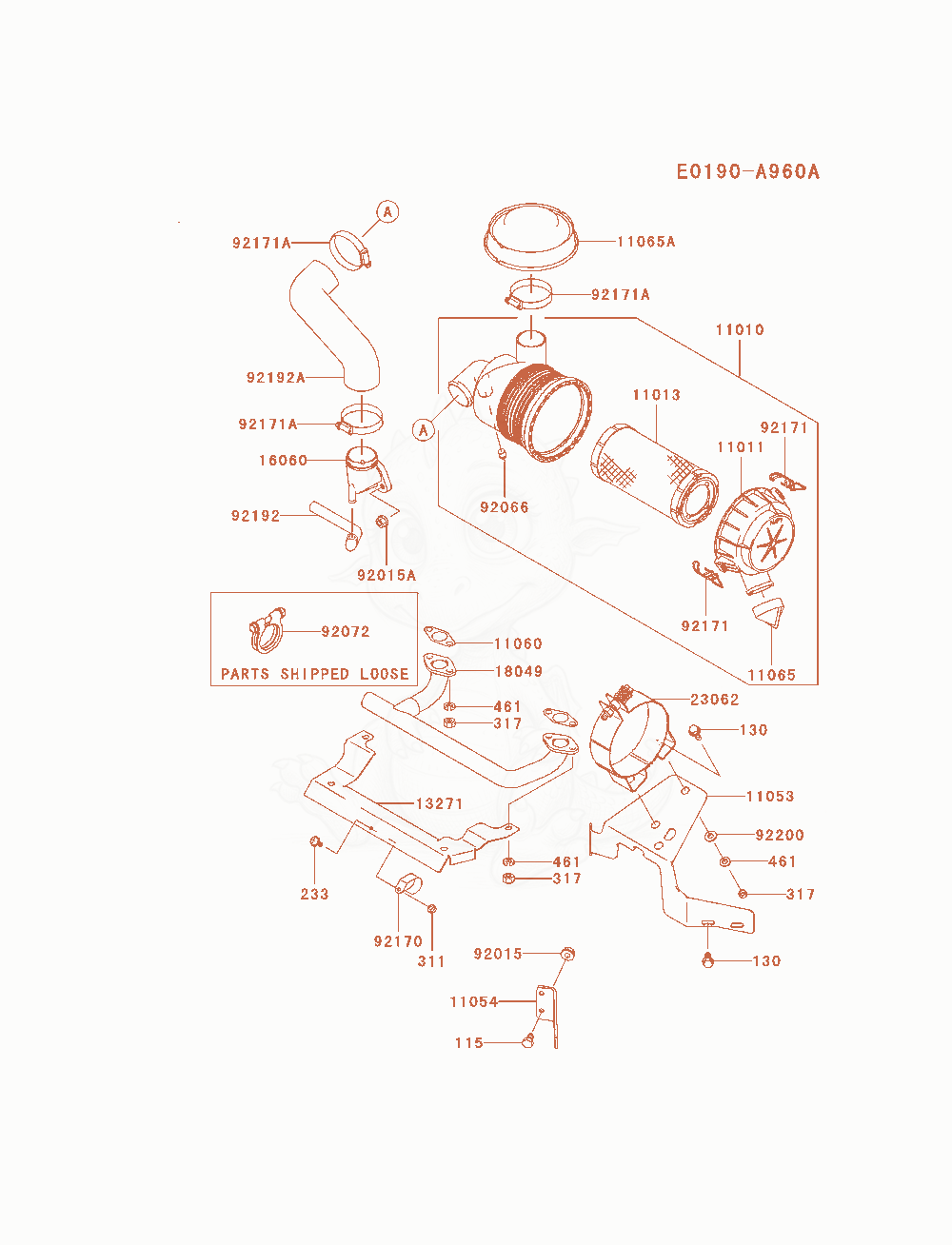 Despiece del Air-Filter / Muffler de un motor Kawasaki FH580V-AS38, con globos numerados