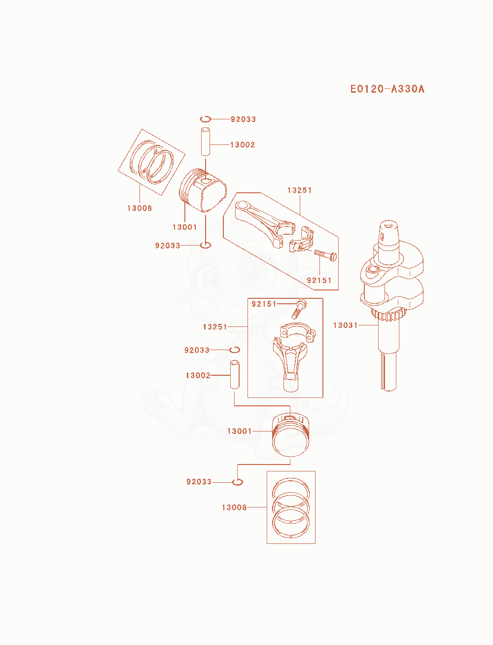 Exploded parts diagram of the Piston / Crankshaft of a Kawasaki FH580V-ES20 engine, with numbered balloons