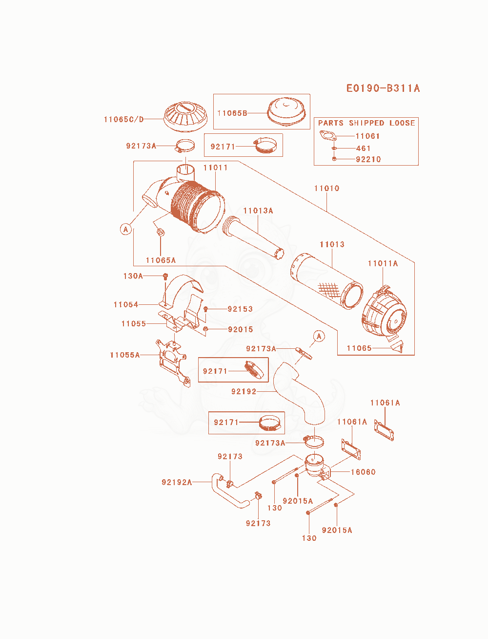Despiece del Air-Filter / Muffler de un motor Kawasaki FXT00V-AS01, con globos numerados