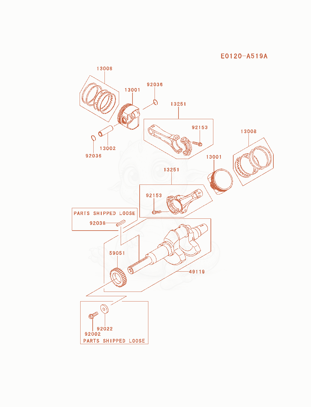 Exploded parts diagram of the Piston / Crankshaft of a Kawasaki FD851D-NS00 engine, with numbered balloons