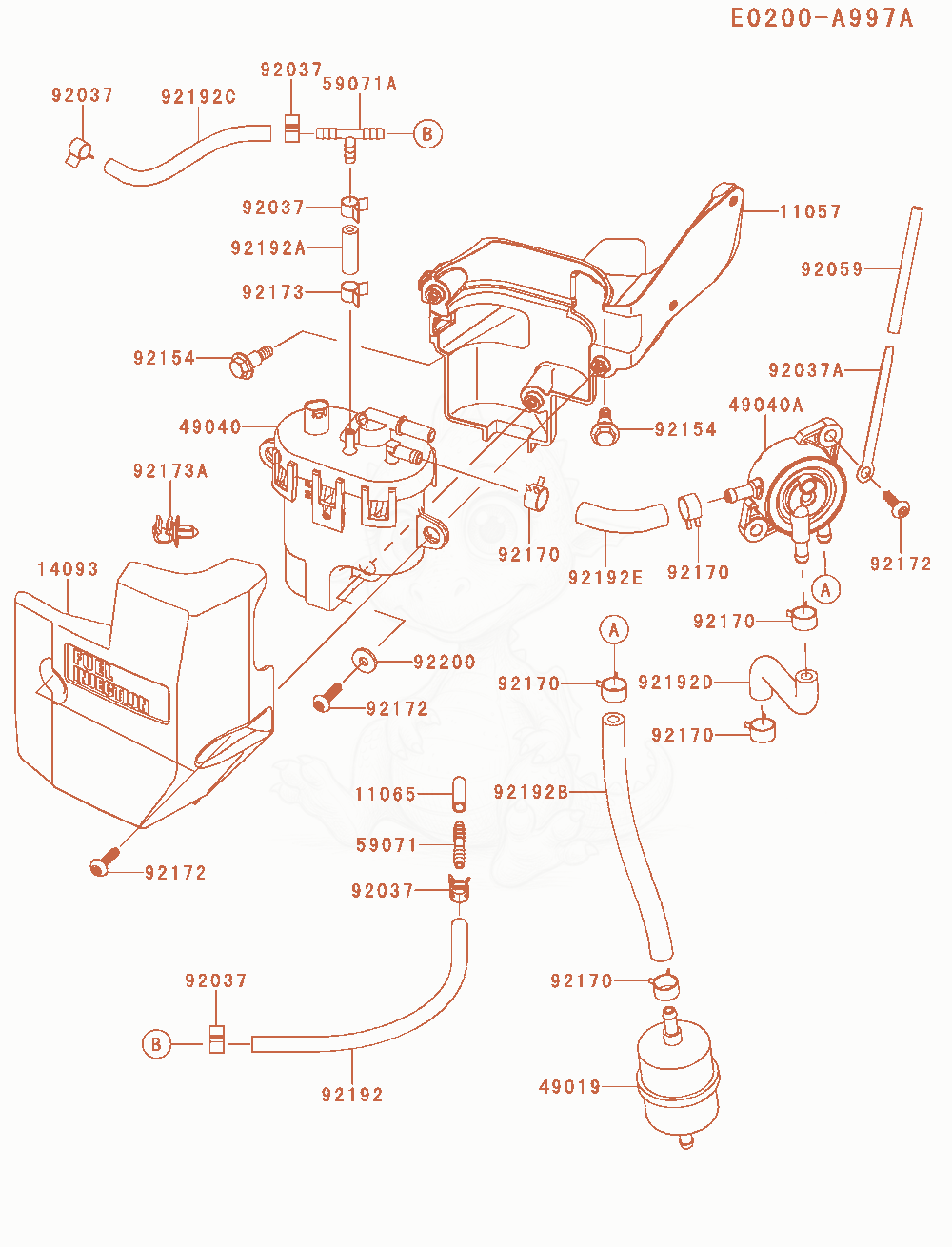 Despiece del Fuel-Tank / Fuel-Valve de un motor Kawasaki FT730V-AS41, con globos numerados