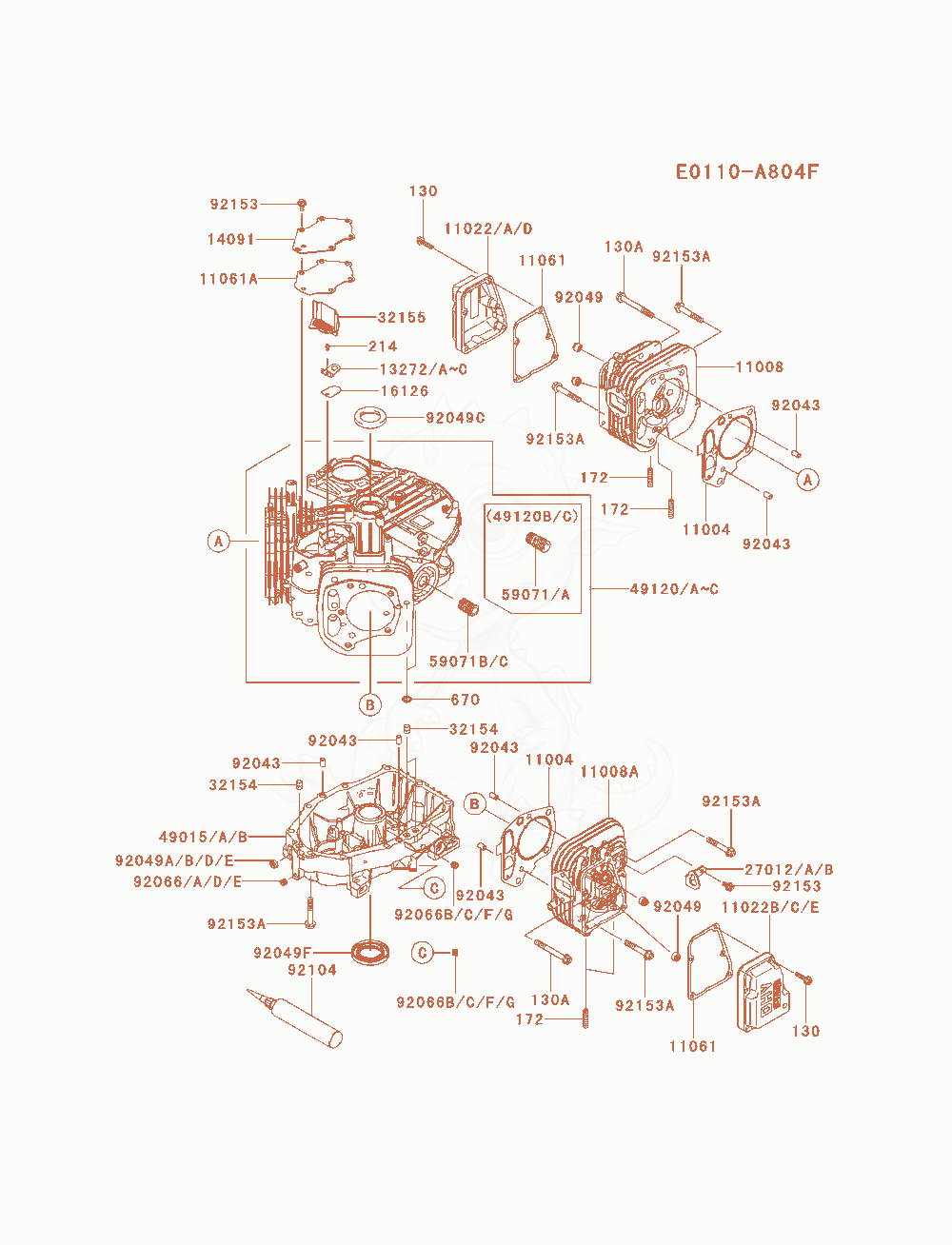 Despiece del Cylinder / Crankcase de un motor Kawasaki FS600V-AS09, con globos numerados